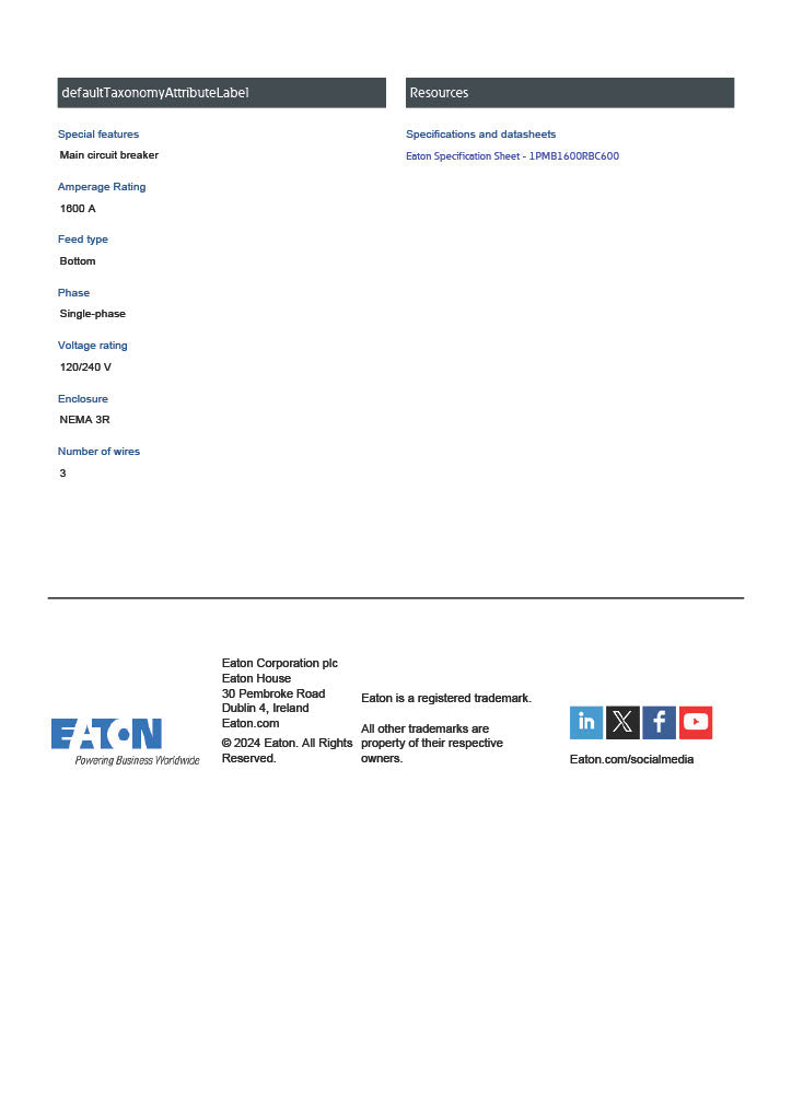 Eaton 1PMB1600RBC600 Single Phase 1600A ARMS Maintenance Mode 100kAIC Main Disconnect