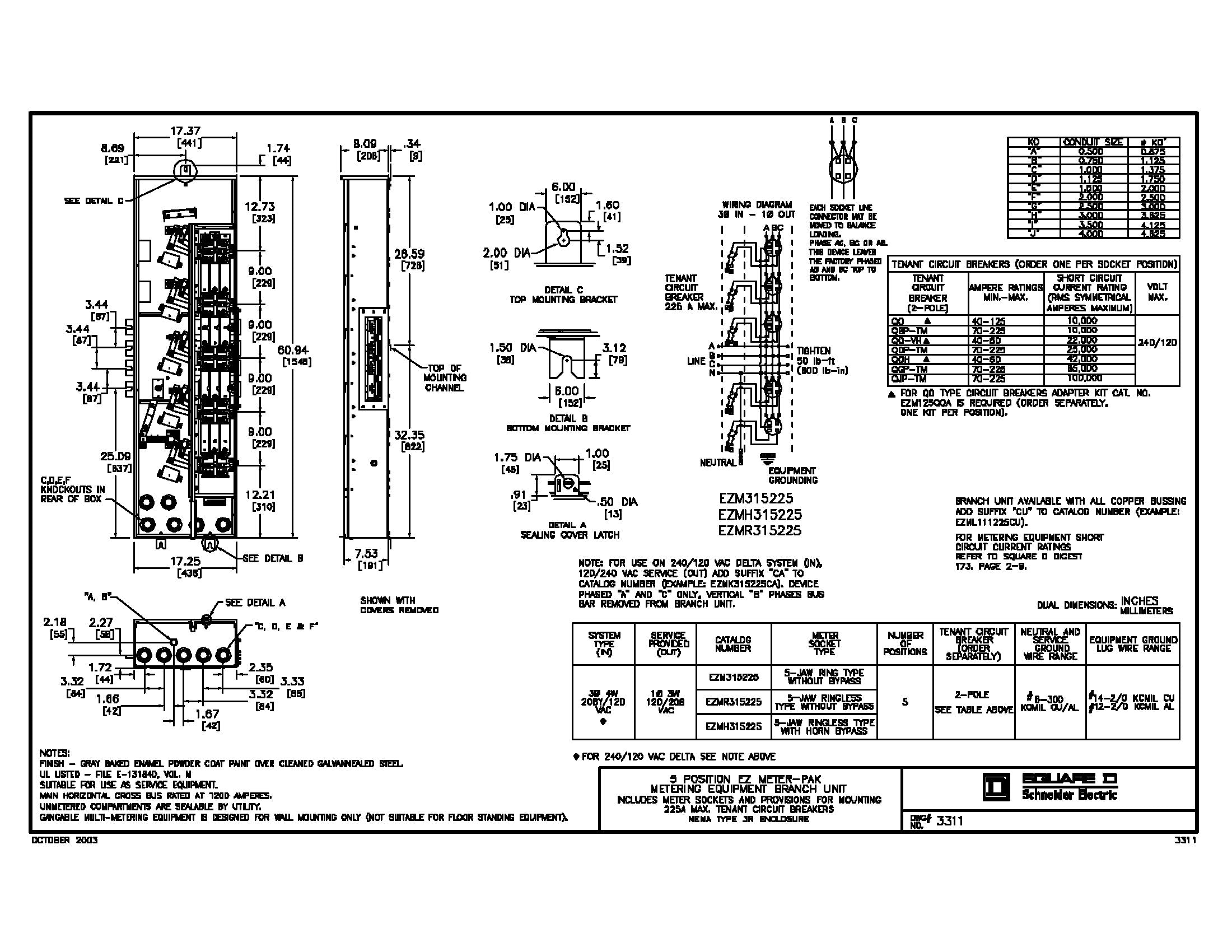 Square D EZMR315225 3PH In / 1PH Out 5-Gang 225A Socket Ringless Meter Stack
