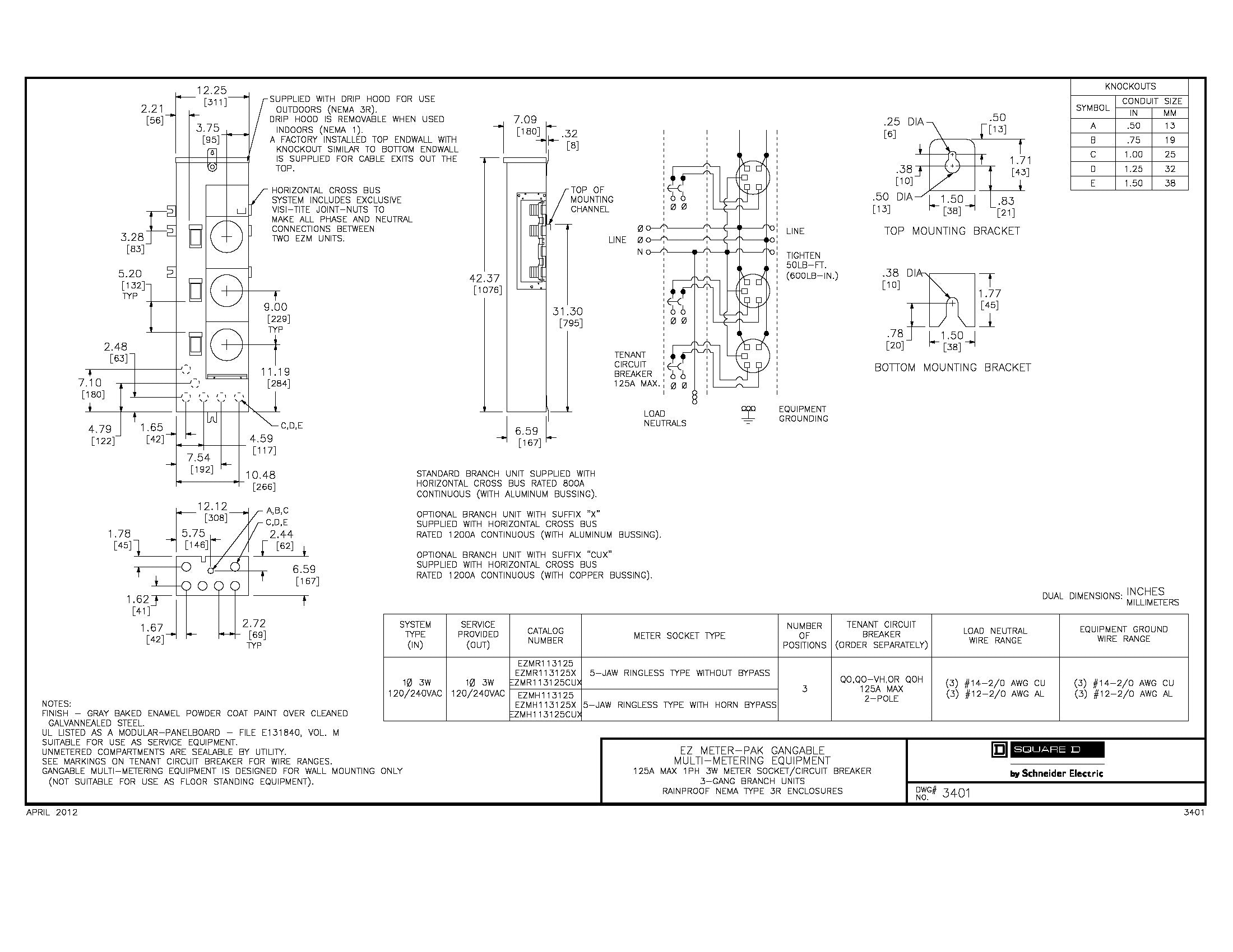 Square D EZMR113125 1PH In / 1PH Out 3 Gang 125A Socket Ringless Meter Stack