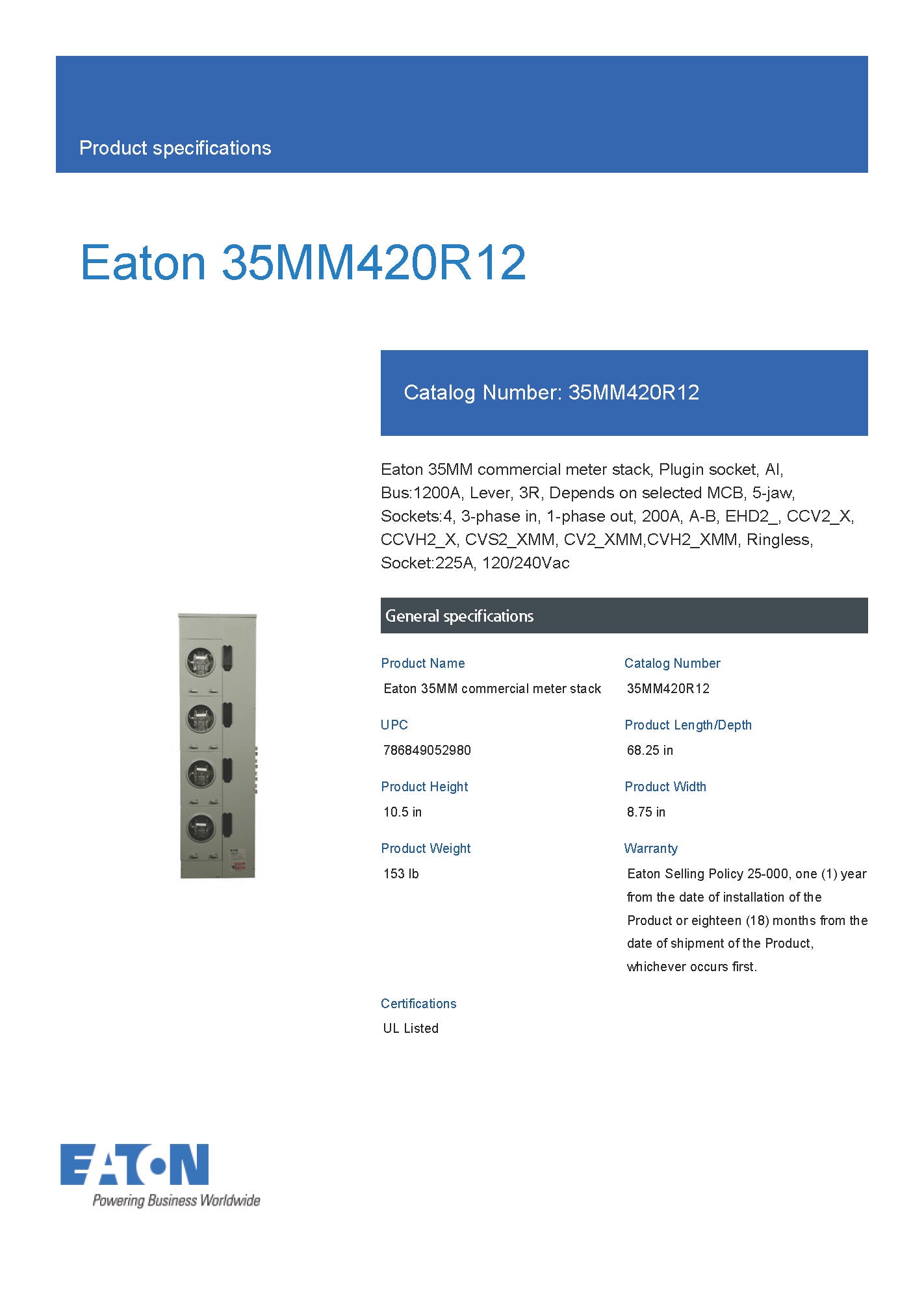 Eaton 35MM420R12 3PH In / 1PH Out 4 Gang 225A Socket Ringless Lever Bypass 1200A Bus Meter Stack