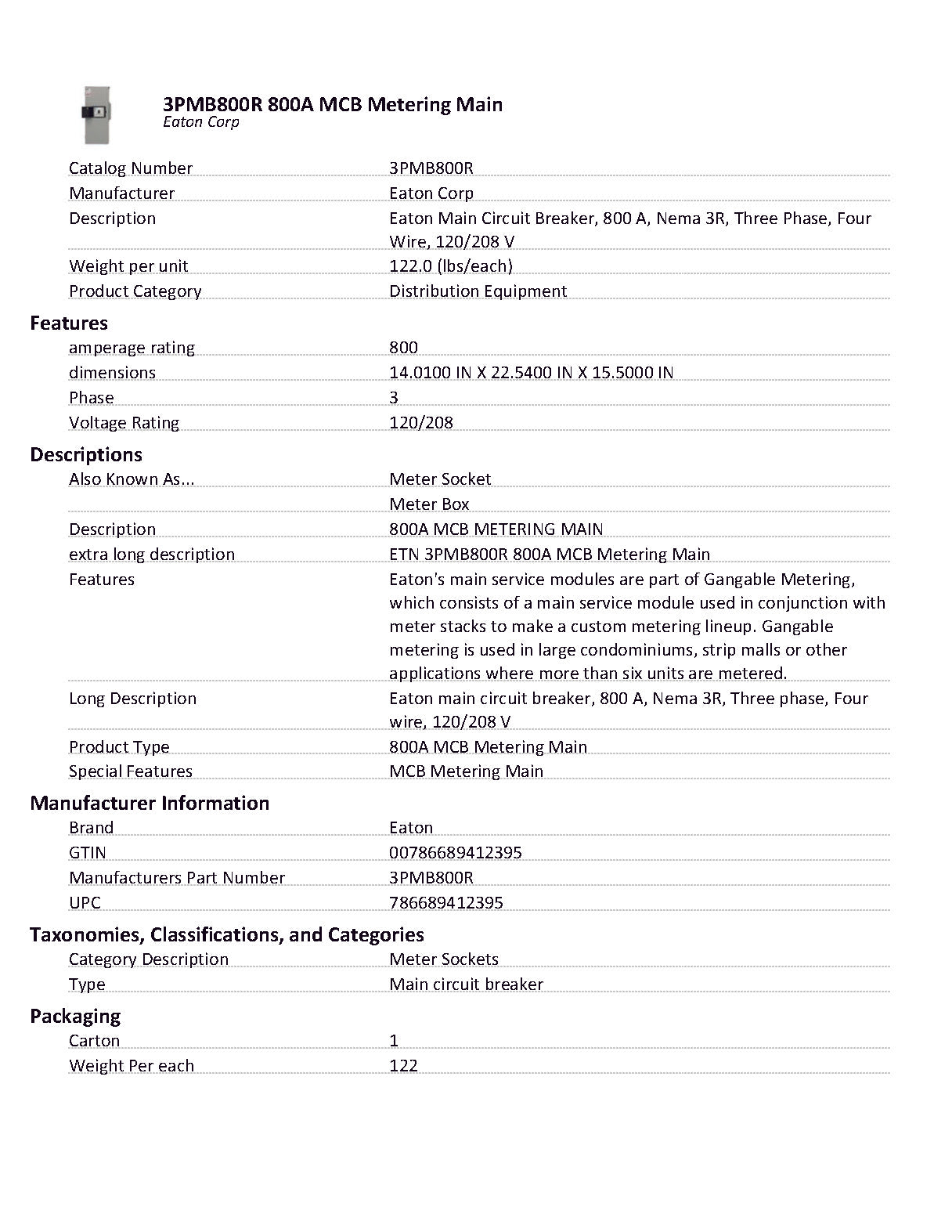 Eaton 3PMB800R 3PH 800A Main Disconnect for Modular Metering