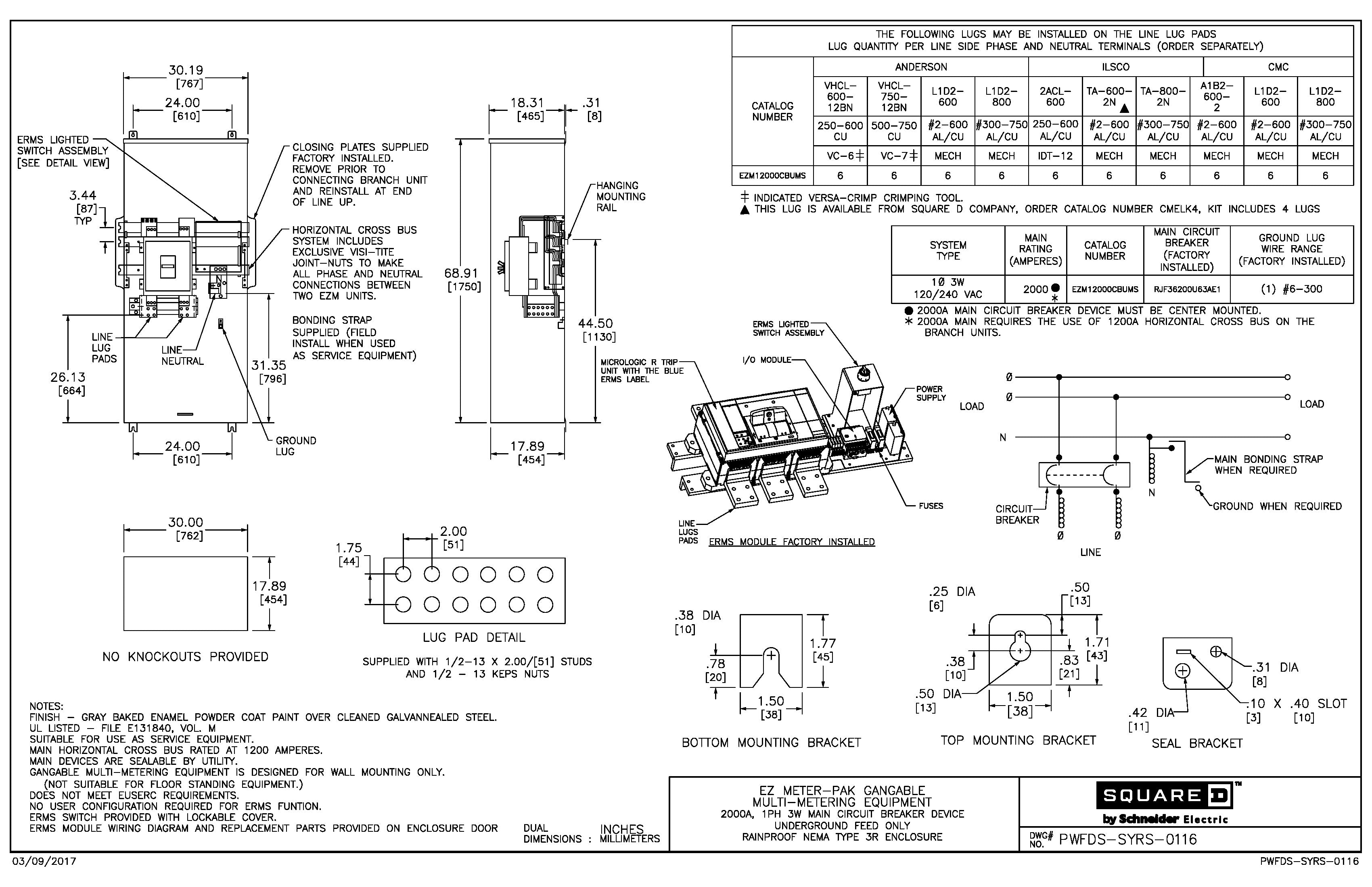 Square D EZM12000CBUMS 1PH 2000A Main Disconnect w/ERMS Energy Reduction Maintenance Switch