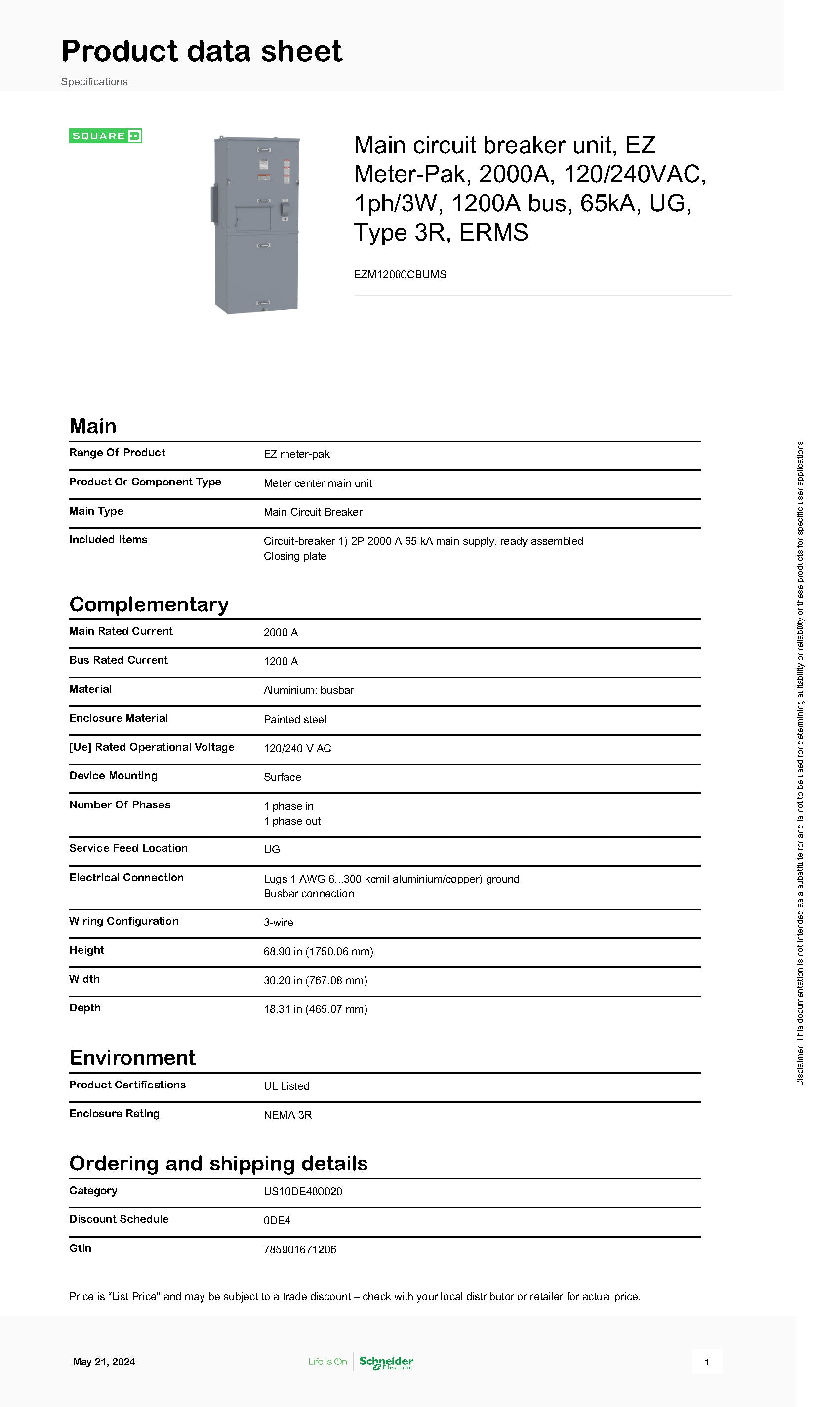 Square D EZM12000CBUMS 1PH 2000A Main Disconnect w/ERMS Energy Reduction Maintenance Switch