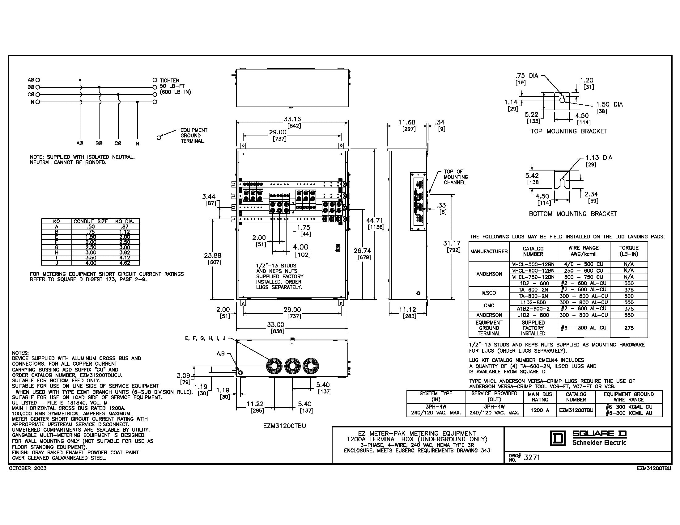Square D EZM31200TBU 3 Phase 1200A EUSERC Rated Main Tap Box