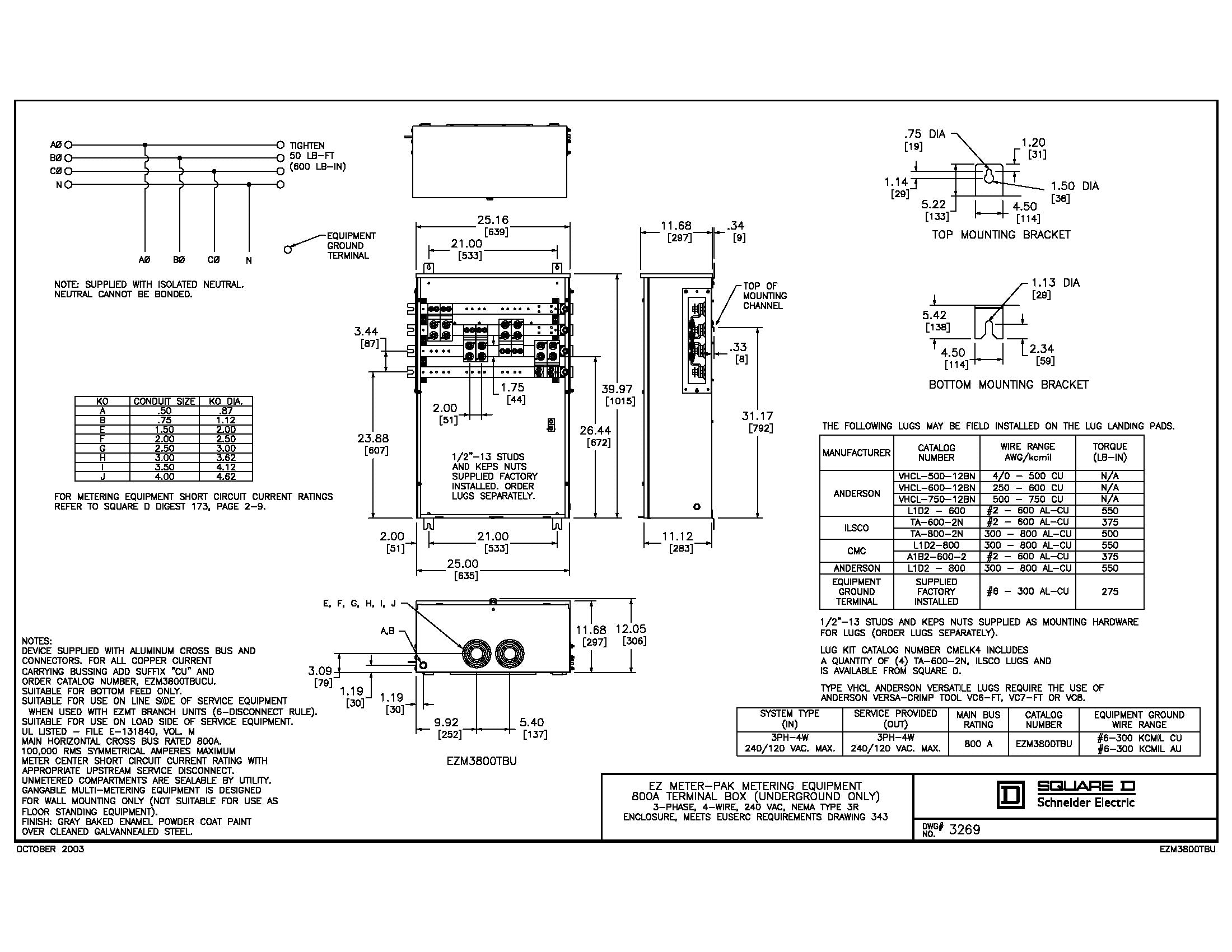 Square D EZM3800TBU 3 Phase 800A EUSERC Rated Main Tap Box
