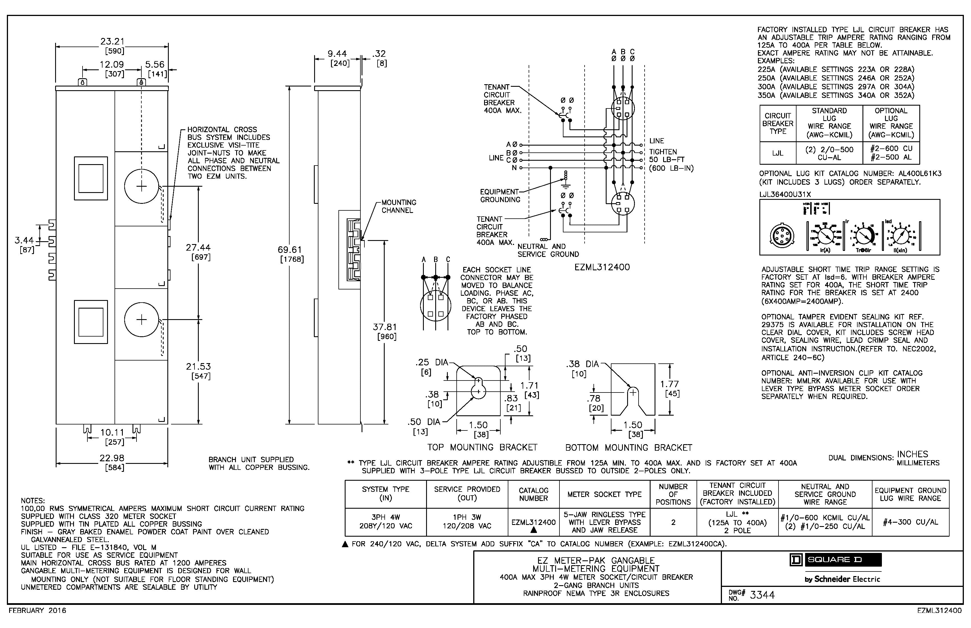 Square D EZML312400 3PH In / 1PH Out 2 Gang Ringless Lever Bypass 400A Factory Installed Breaker at Each Socket Meter Stack