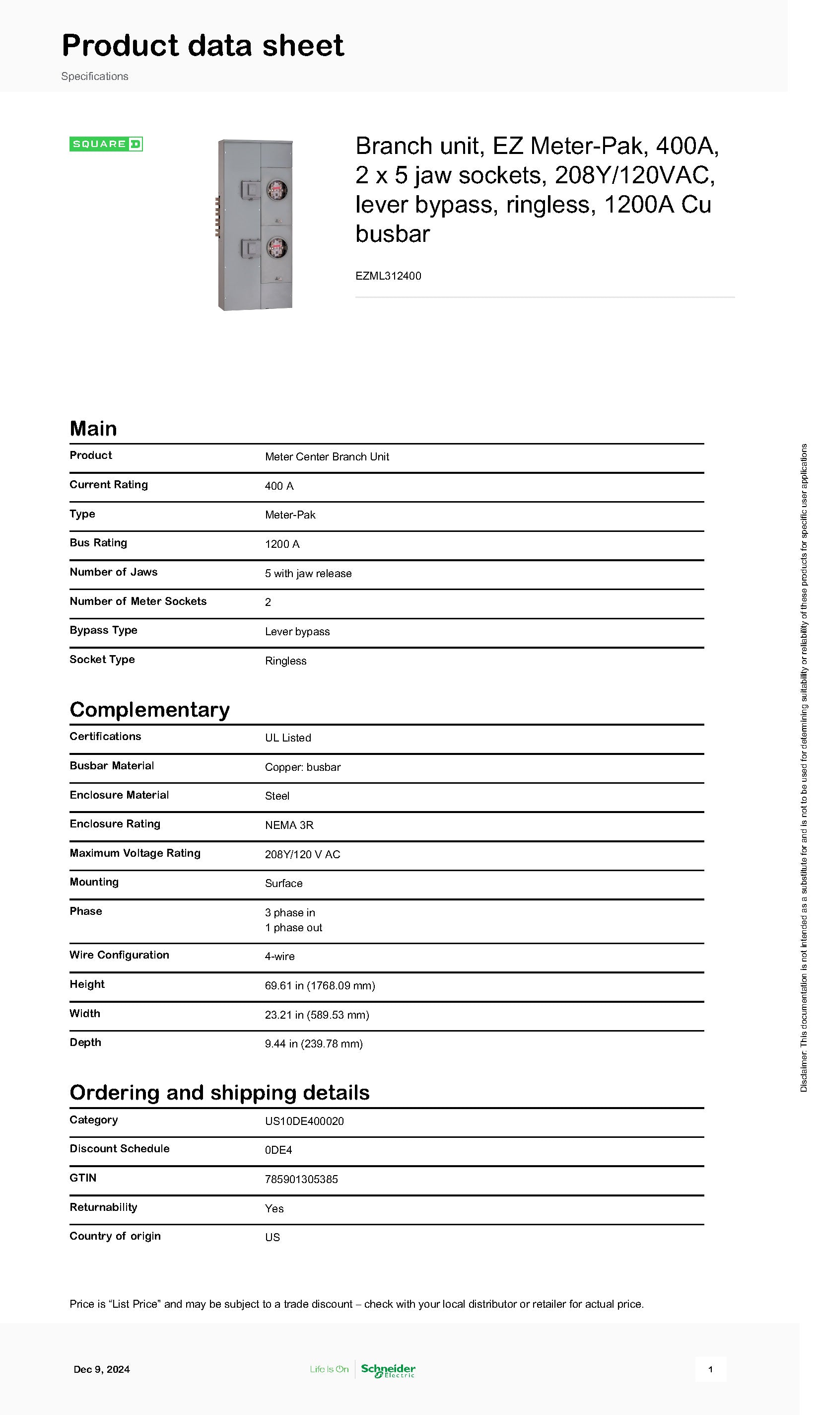 Square D EZML312400 3PH In / 1PH Out 2 Gang Ringless Lever Bypass 400A Factory Installed Breaker at Each Socket Meter Stack