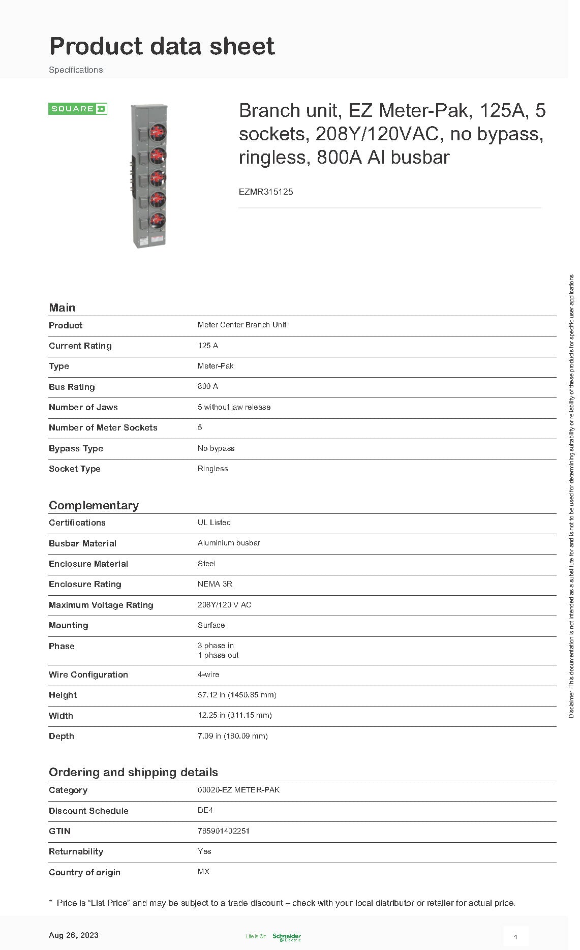 Square D EZMR315125 3 Phase 5 Gang Meter Stack