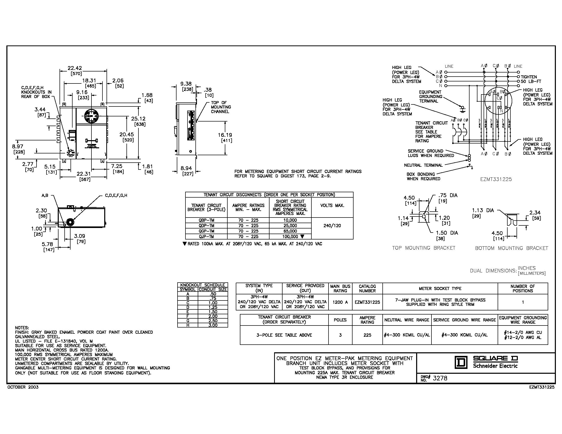 Square D EZMT331225 3PH In / 3PH Out 1 Gang Ring Type Test Block Bypass 225A Socket 1200A Copper Busbar Meter Stack