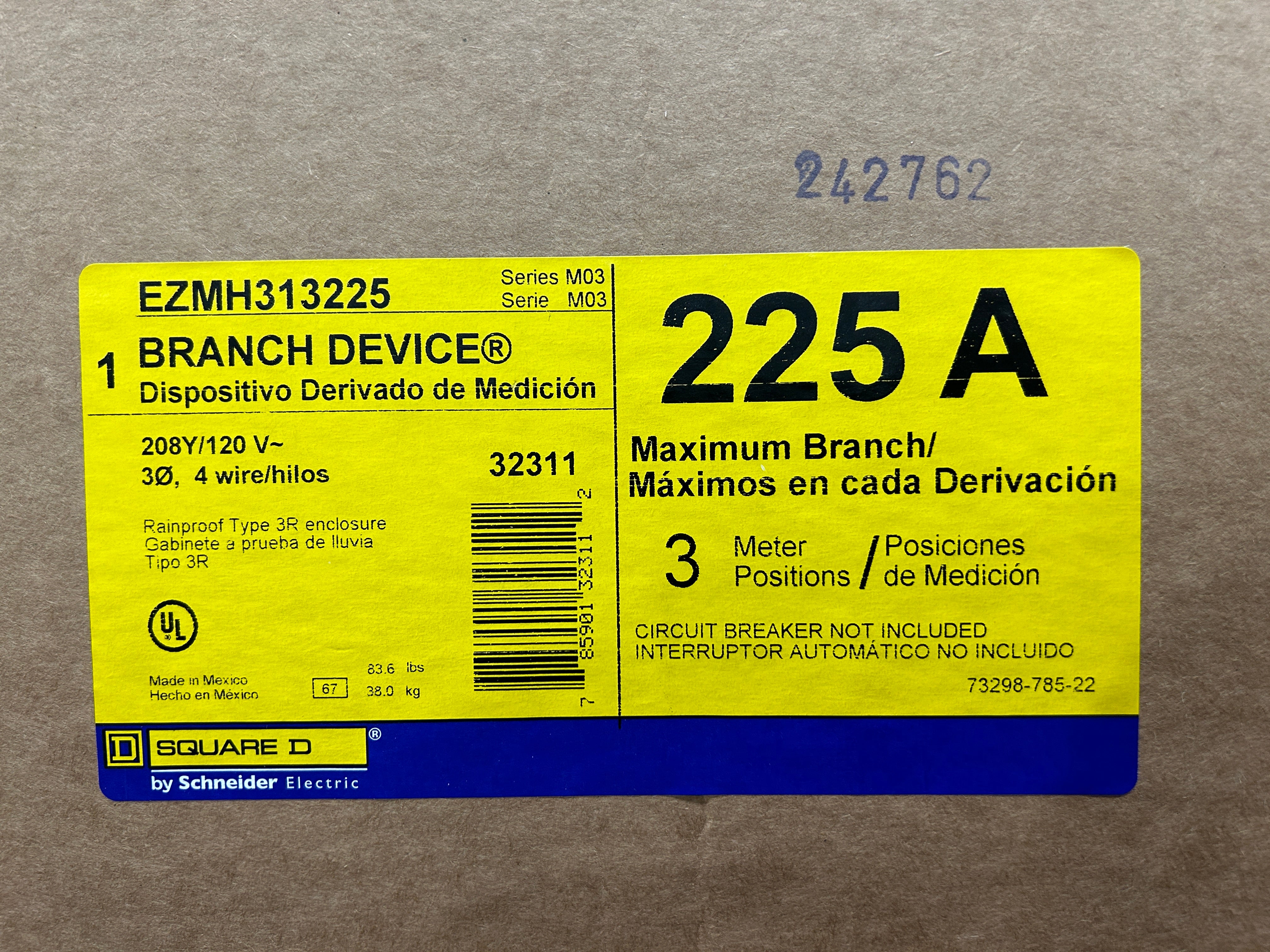 Square D EZMH313225 3PH In / 1PH Out 3 Gang 225A Socket Ringless Horn Bypass Meter Stack