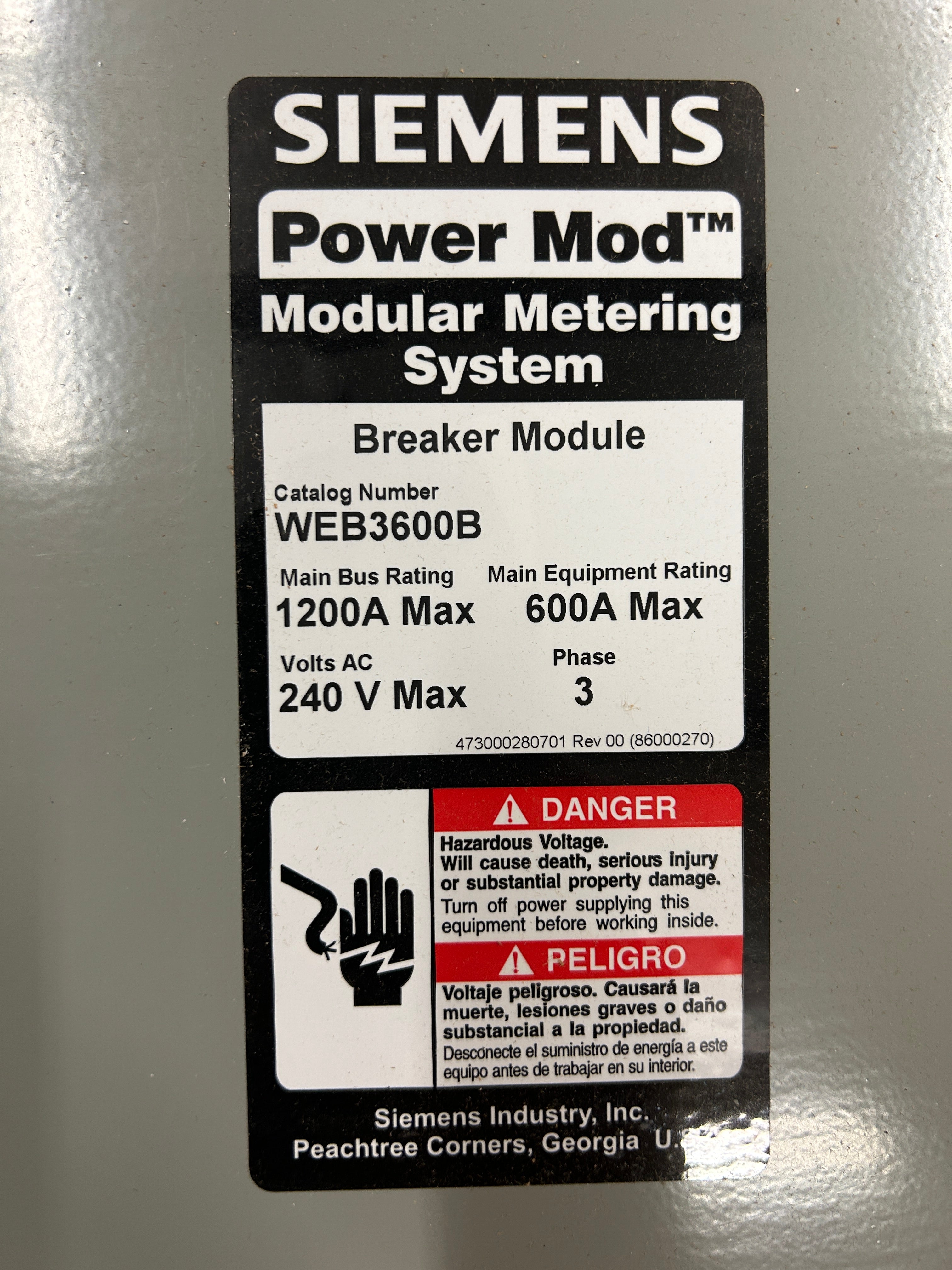 Siemens WEB3600B 3 Phase 600 Amp EUSERC Main Circuit Breaker Disconnect