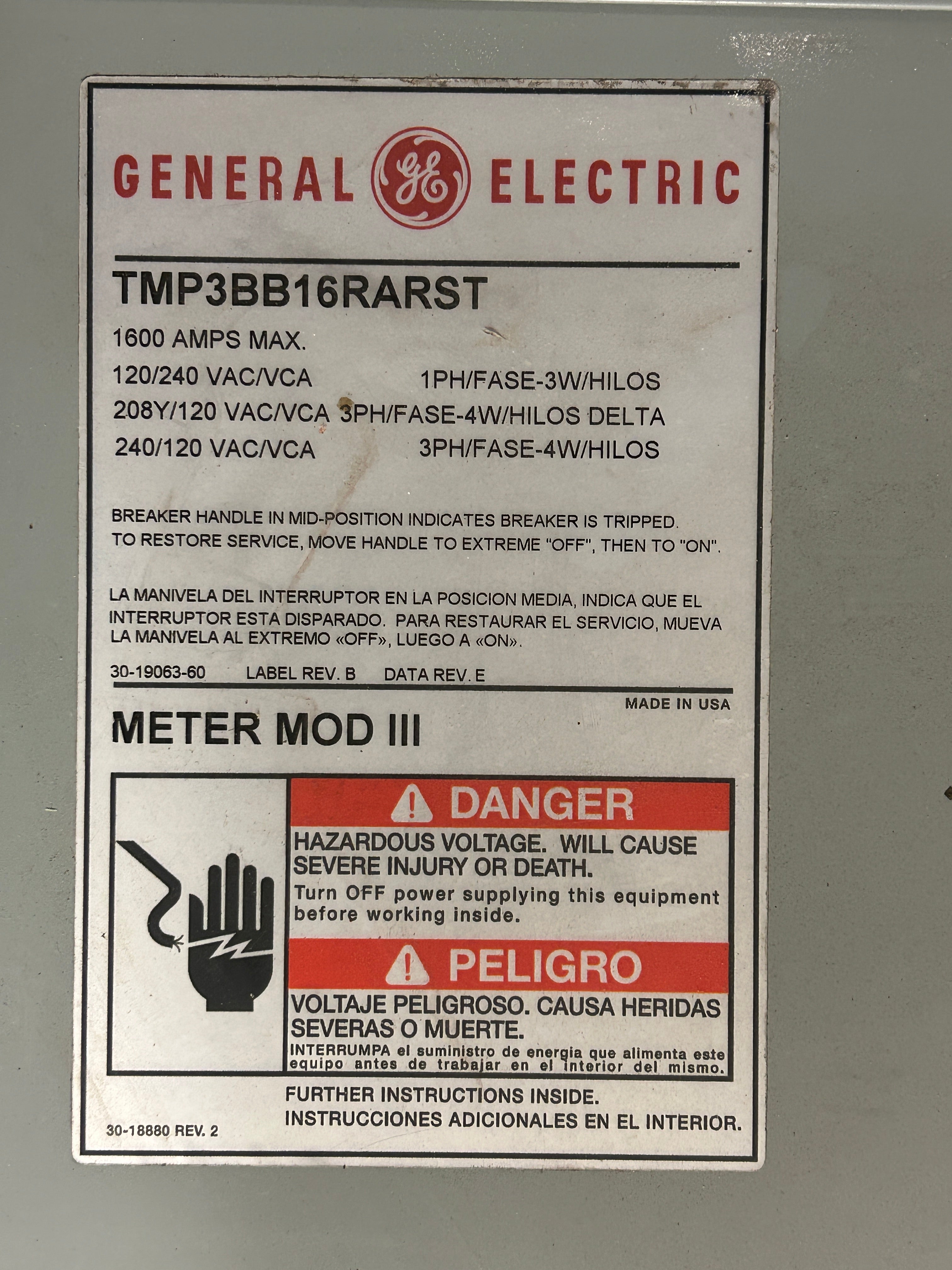 GE TMP3BB16RARST 3PH 1600A Main Disconnect w/Arc Flash Maintenance Switch