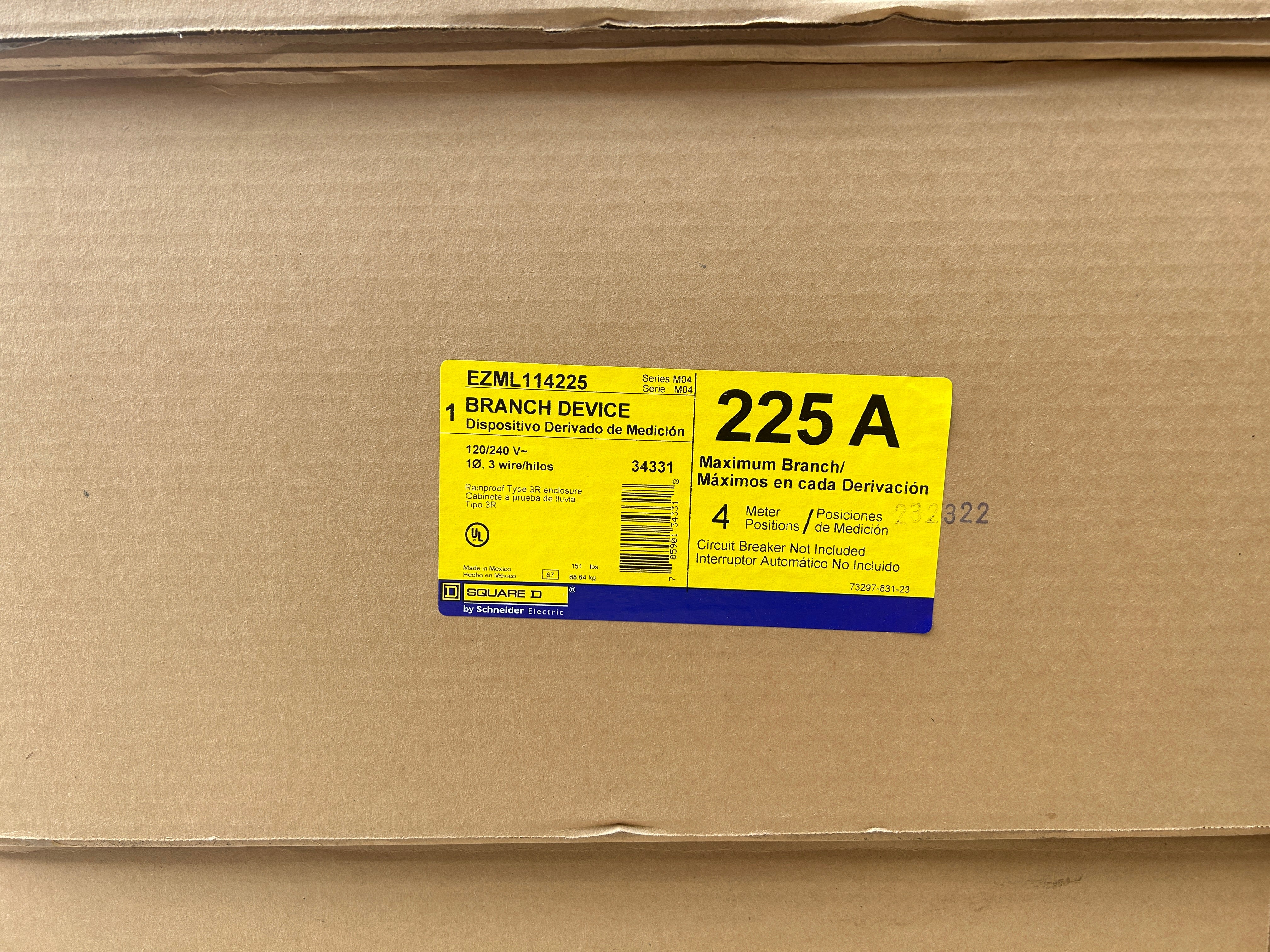 Square D EZML114225 1PH In / 1PH Out 4 Gang 225A Socket Ringless Lever Bypass Meter Stack