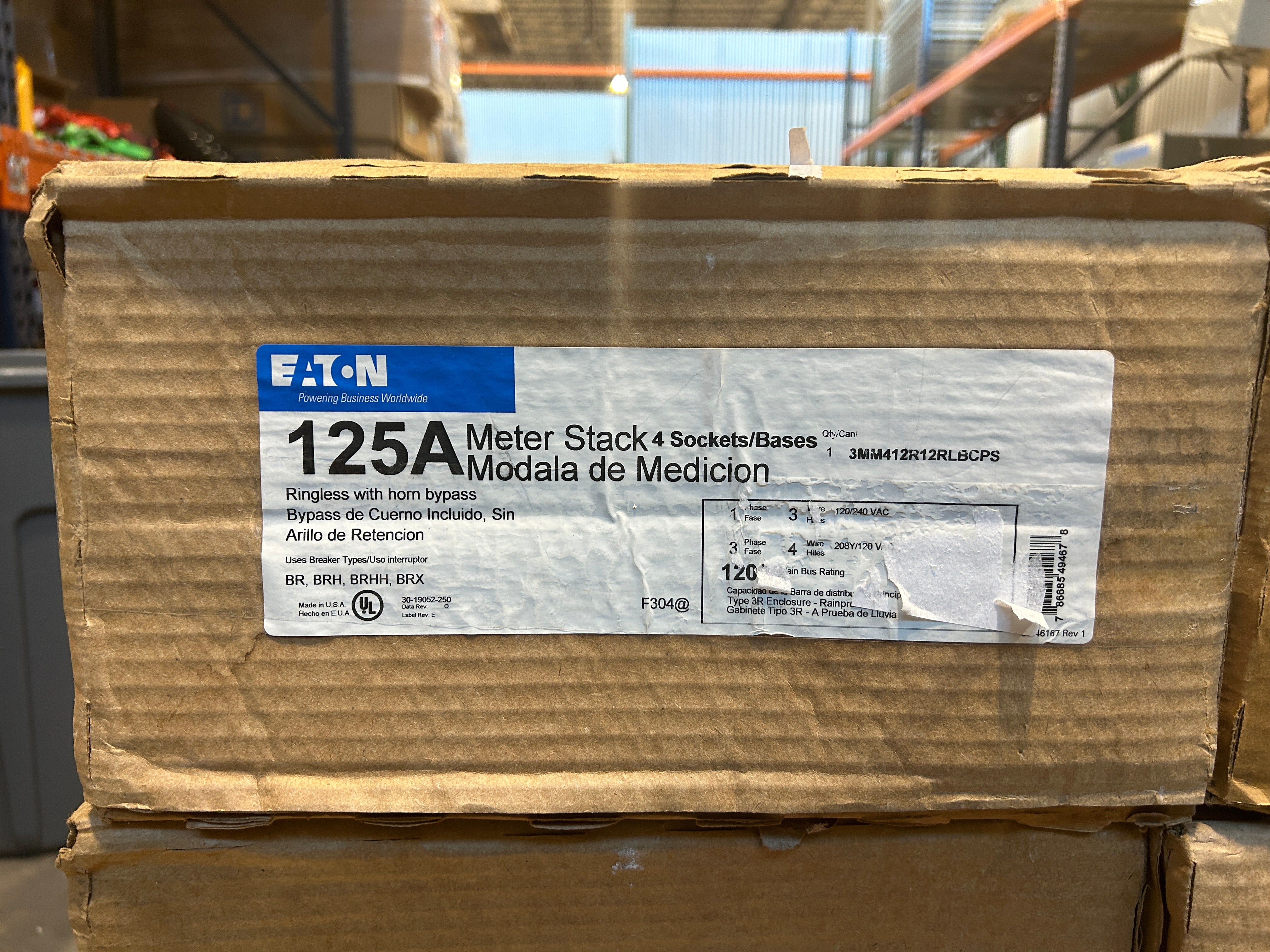 Eaton 3MM412R12RLBCPS (3MM412R12RLB) 3PH In / 1PH Out 4-Gang 1200A Copper Busbar 125A Socket Ringless Horn Bypass CPS Approved Meter Stack