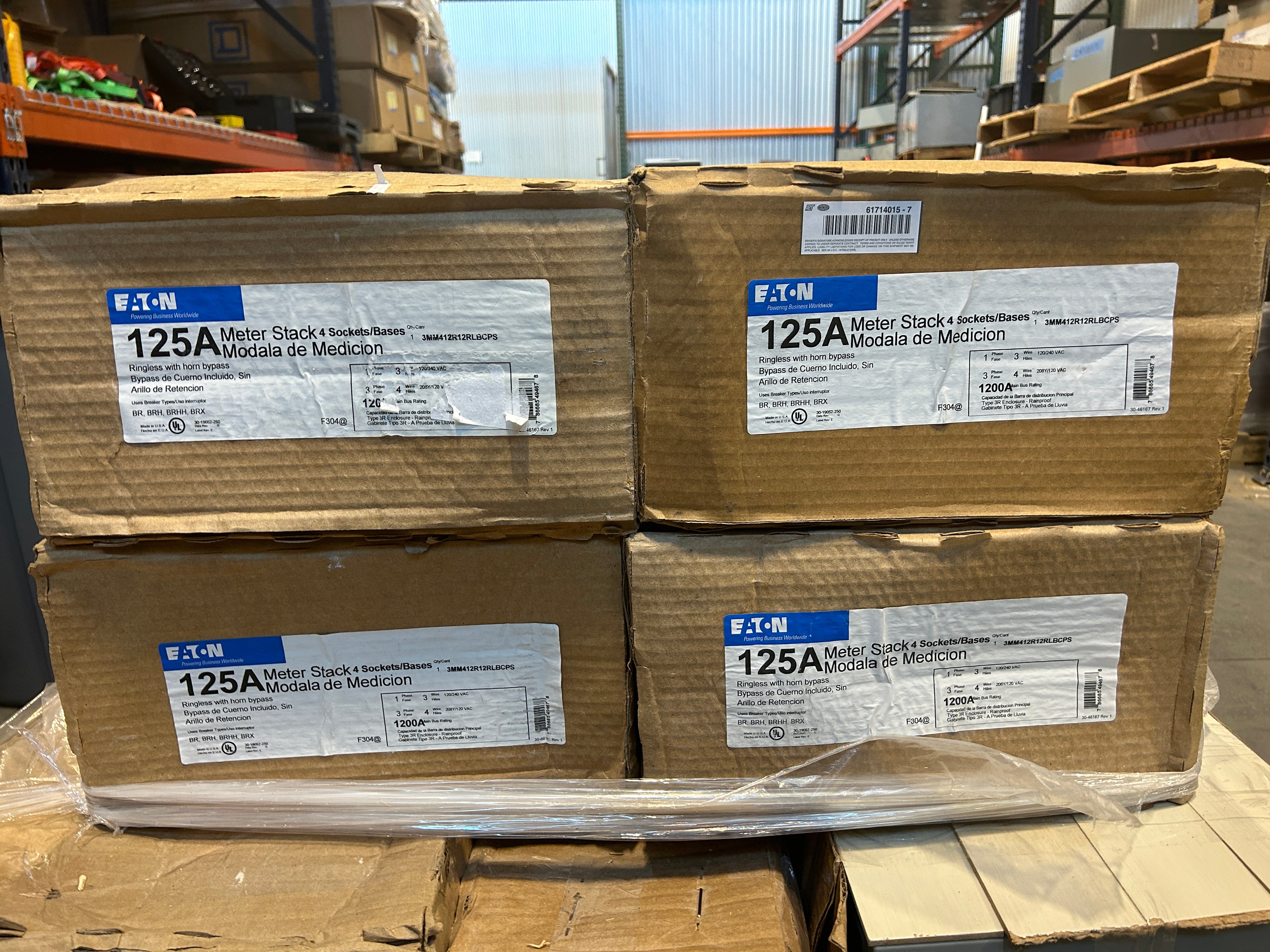 Eaton 3MM412R12RLBCPS (3MM412R12RLB) 3PH In / 1PH Out 4-Gang 1200A Copper Busbar 125A Socket Ringless Horn Bypass CPS Approved Meter Stack