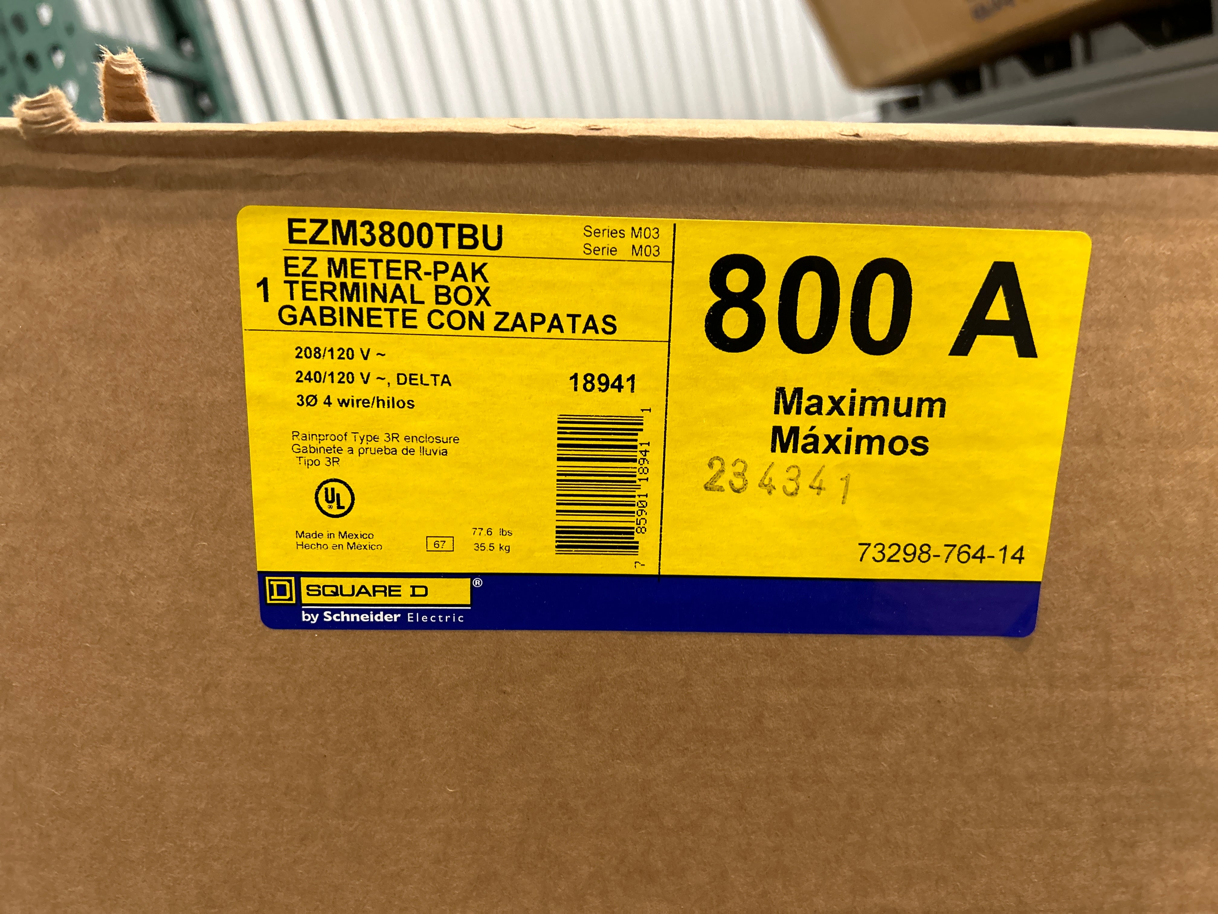 Square D EZM3800TBU 3 Phase 800A EUSERC Rated Main Tap Box