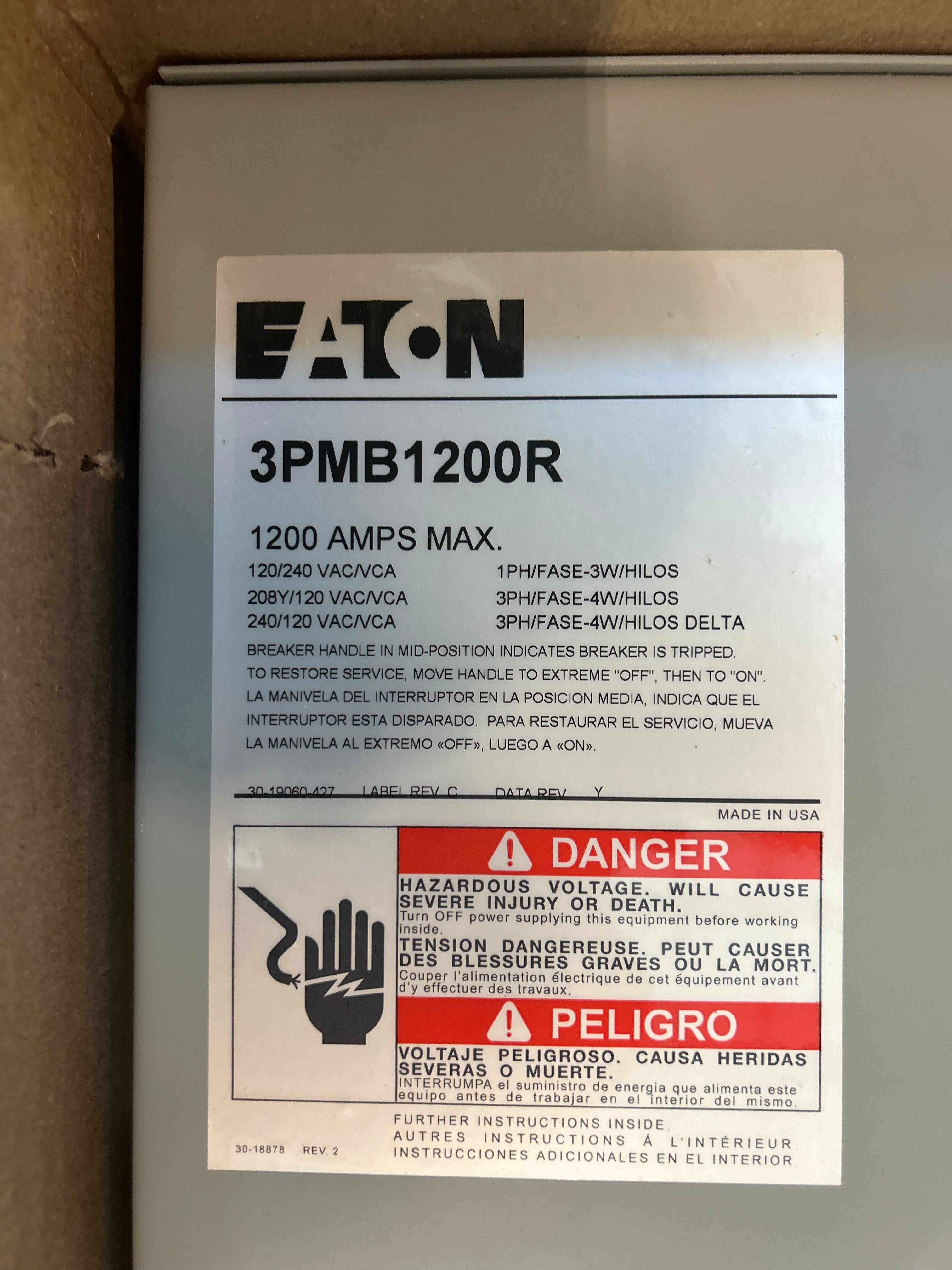 Eaton 3PMB1200R 3PH 1200A Main Disconnect w/ARMS Maintenance Mode
