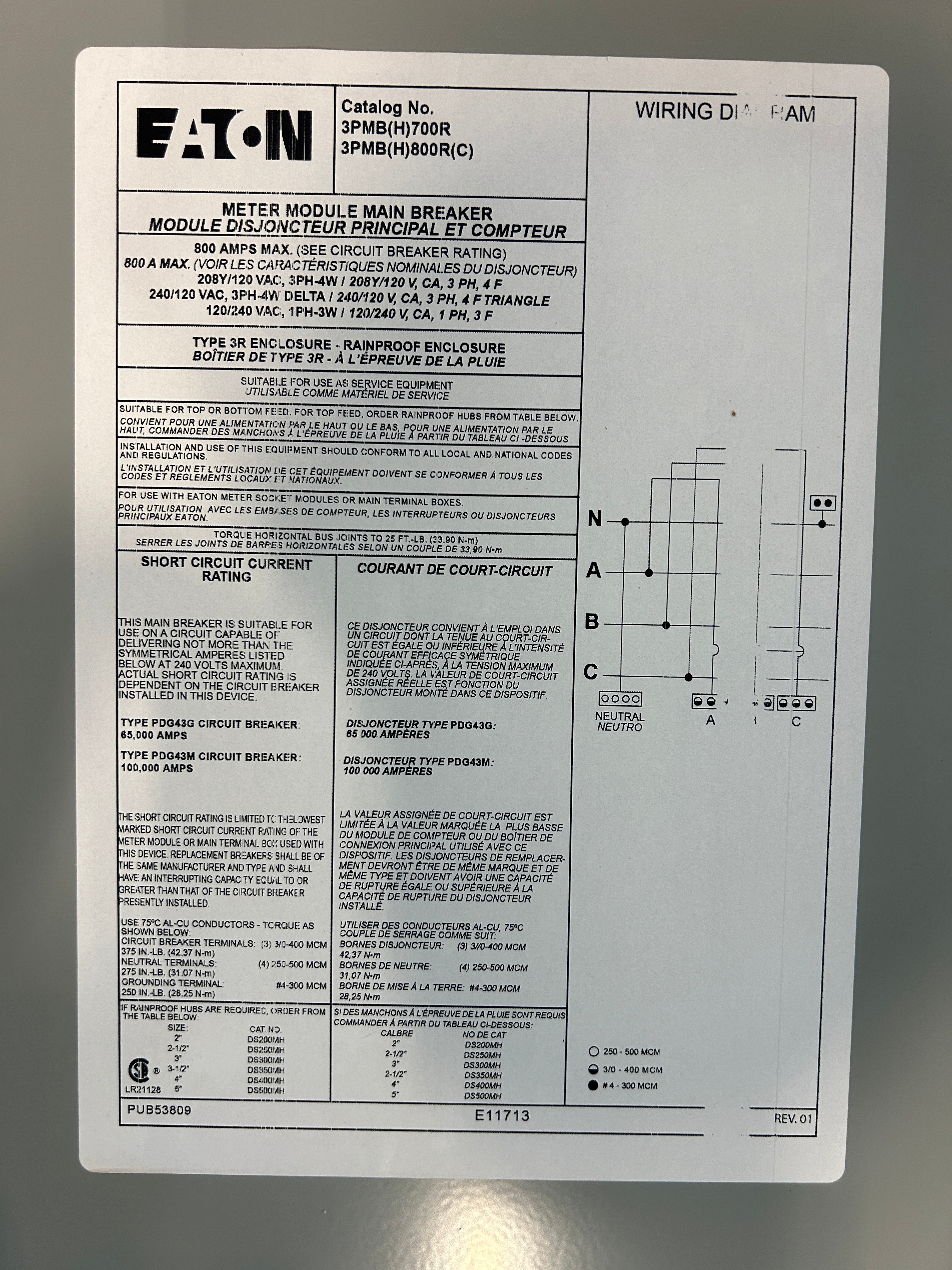 Eaton 3PMB800R 3PH 800A Main Disconnect for Modular Metering