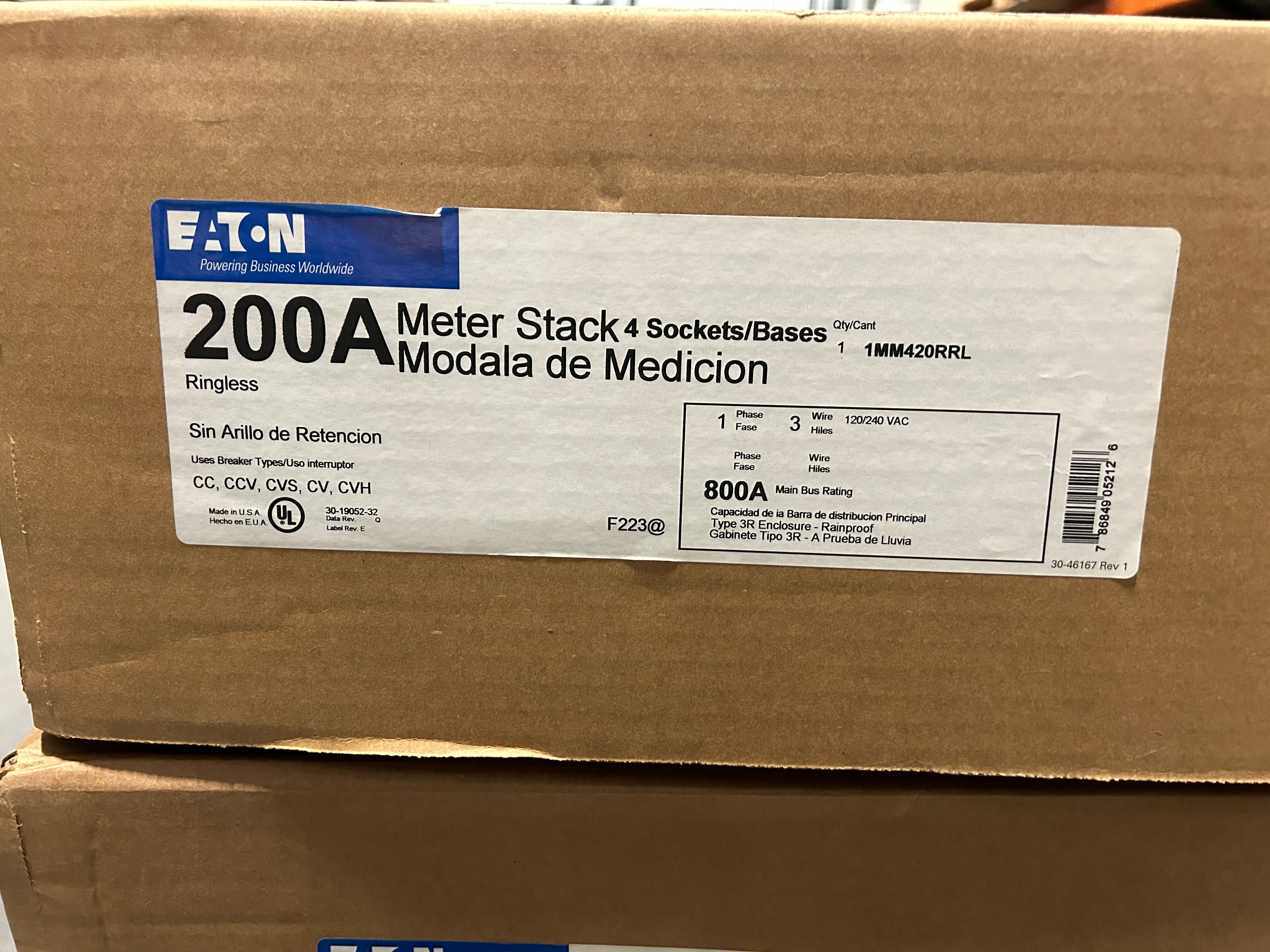 Eaton 1MM420RRL Single Phase 4-Gang 200A Socket Ringless Meter Stack