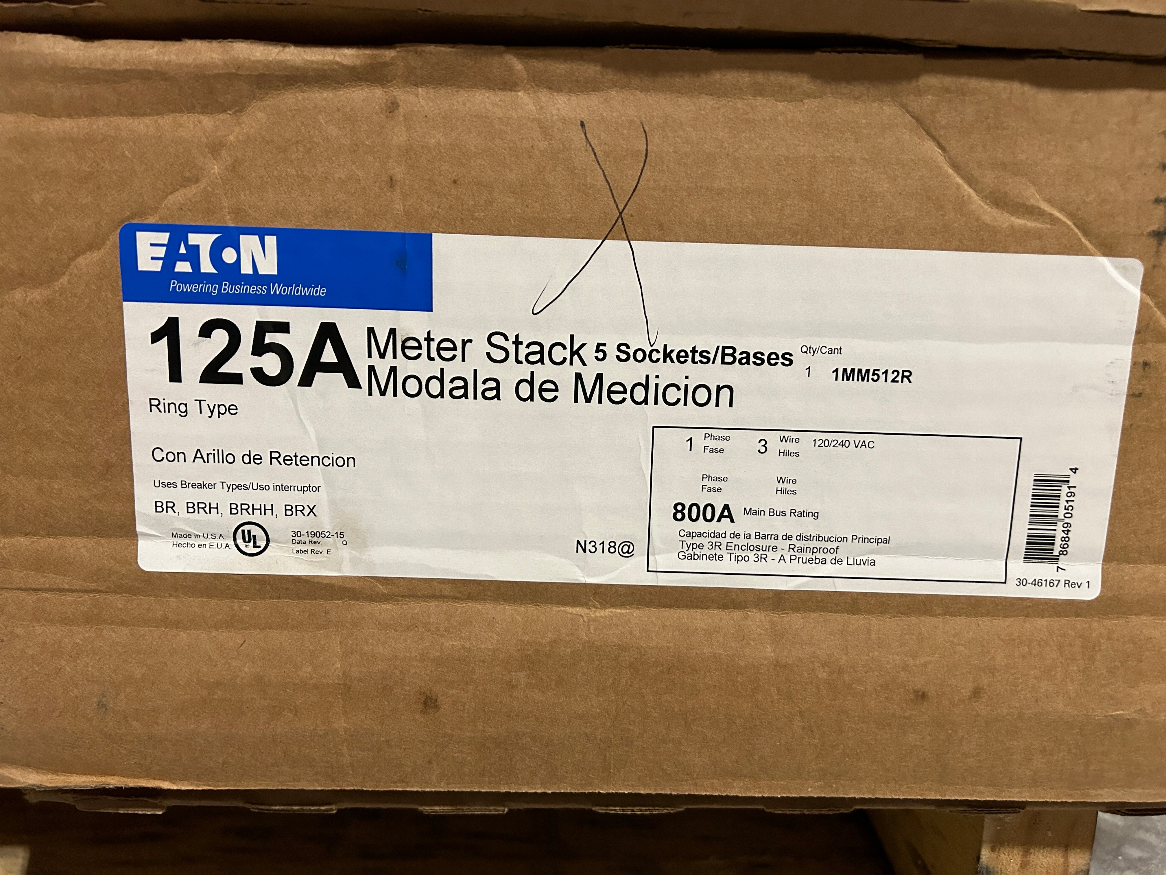 Eaton 1MM512R 1PH In / 1PH Out 5 Gang 125A Socket Ringed Meter Stack