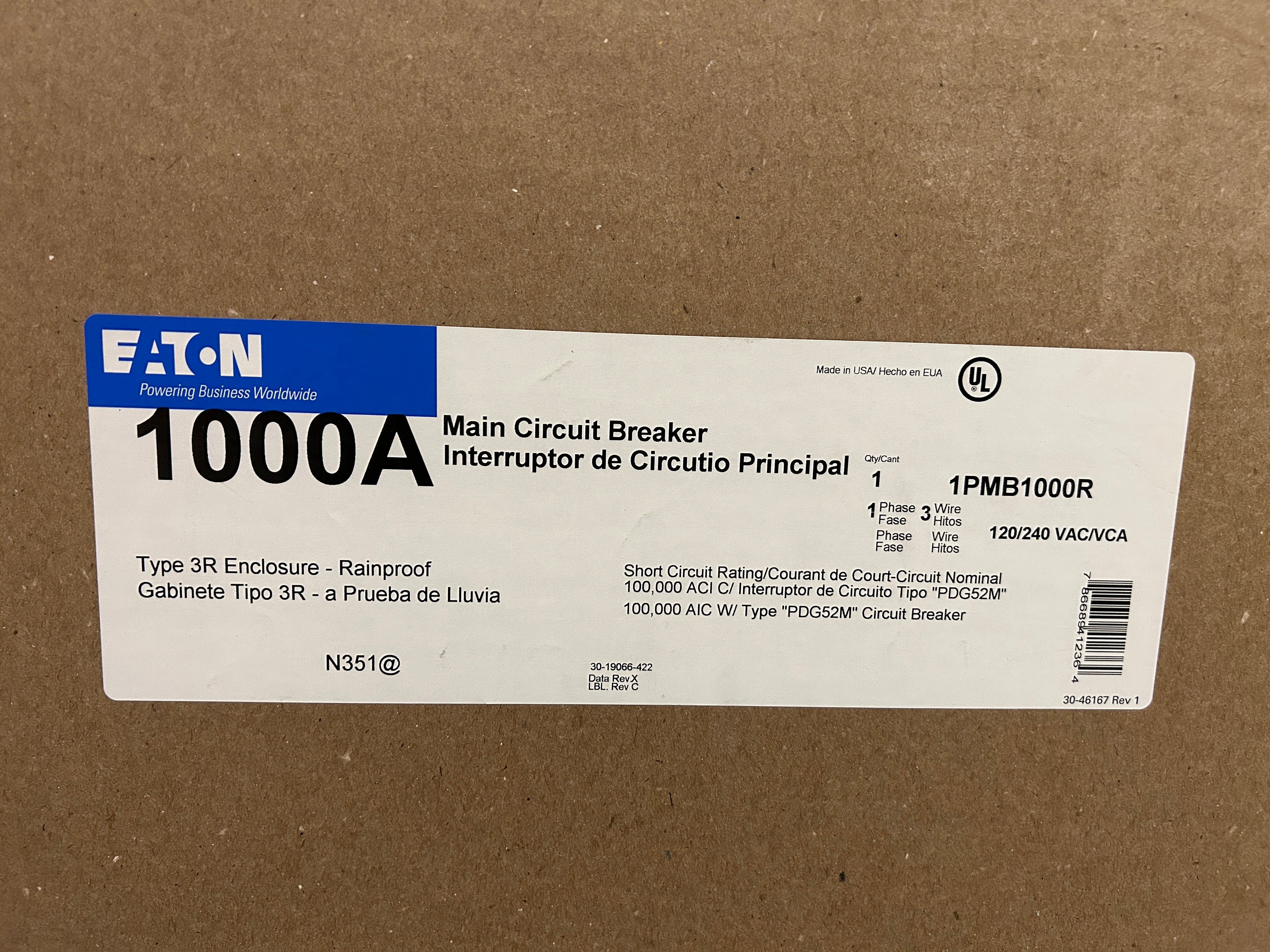 Eaton 1PMB1000R 1000A Single Phase Main Disconnect With Arcflash Reduction Maintenance System