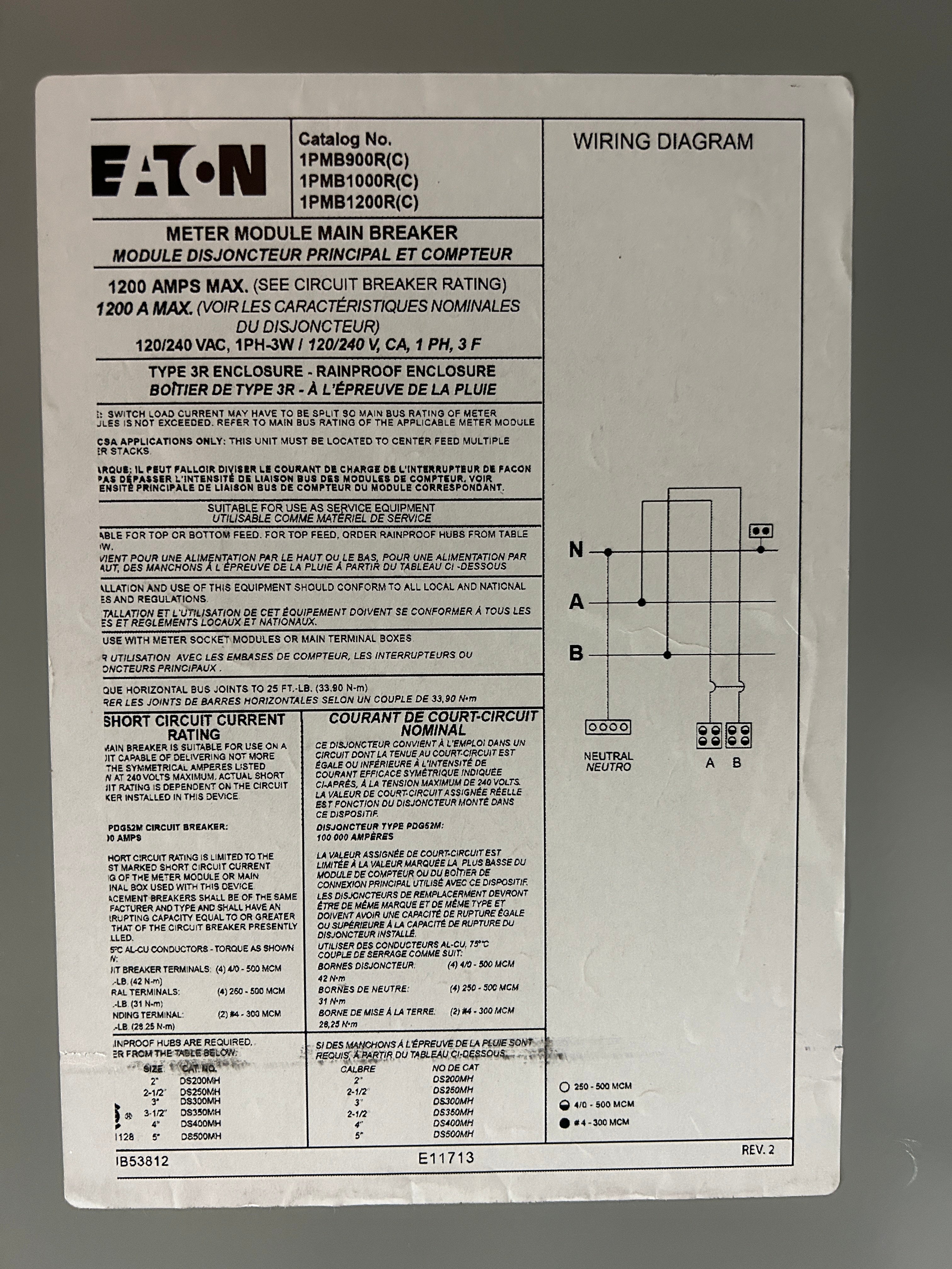 Eaton 1PMB1000R 1000A Single Phase Main Disconnect With Arcflash Reduction Maintenance System