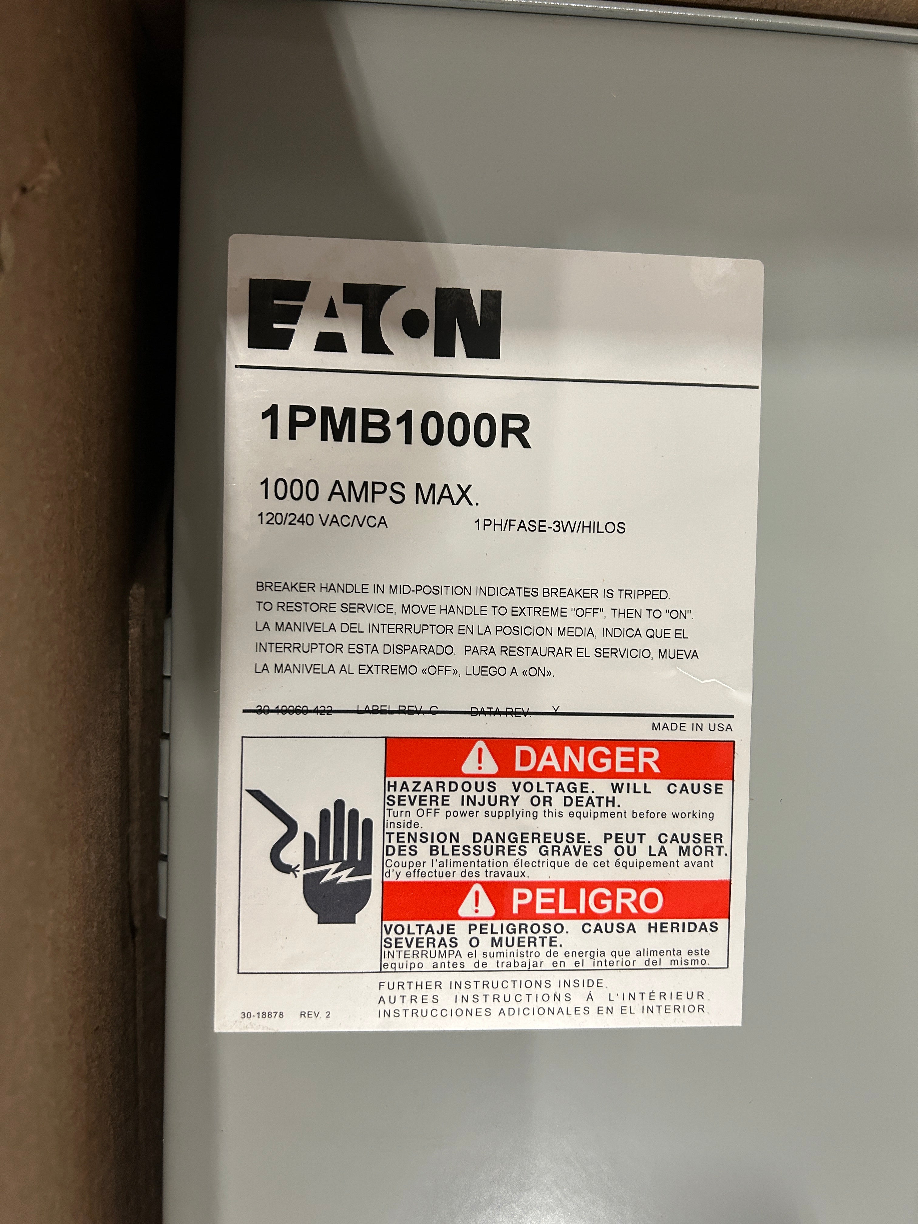 Eaton 1PMB1000R 1000A Single Phase Main Disconnect With Arcflash Reduction Maintenance System