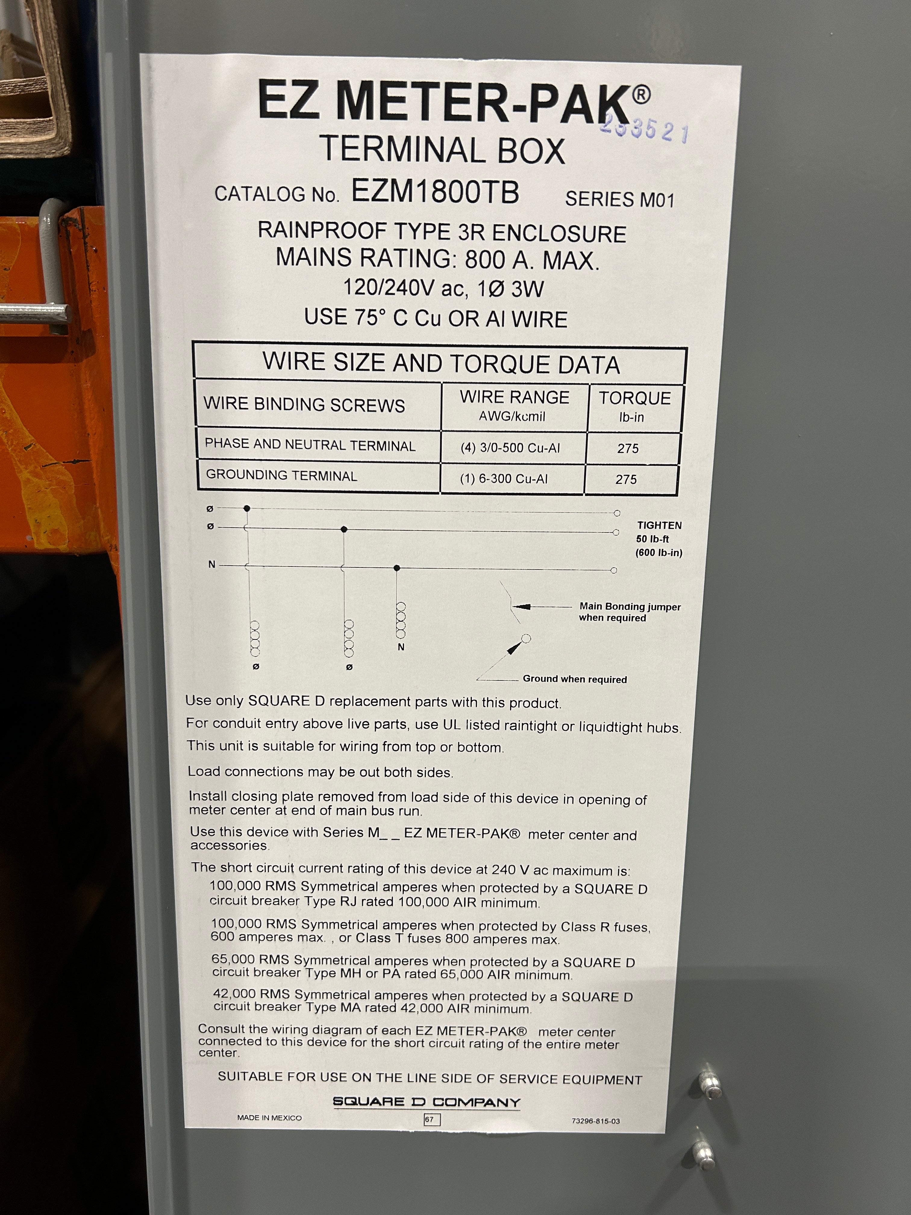 Square D EZM1800TB 800A Main Tap Box