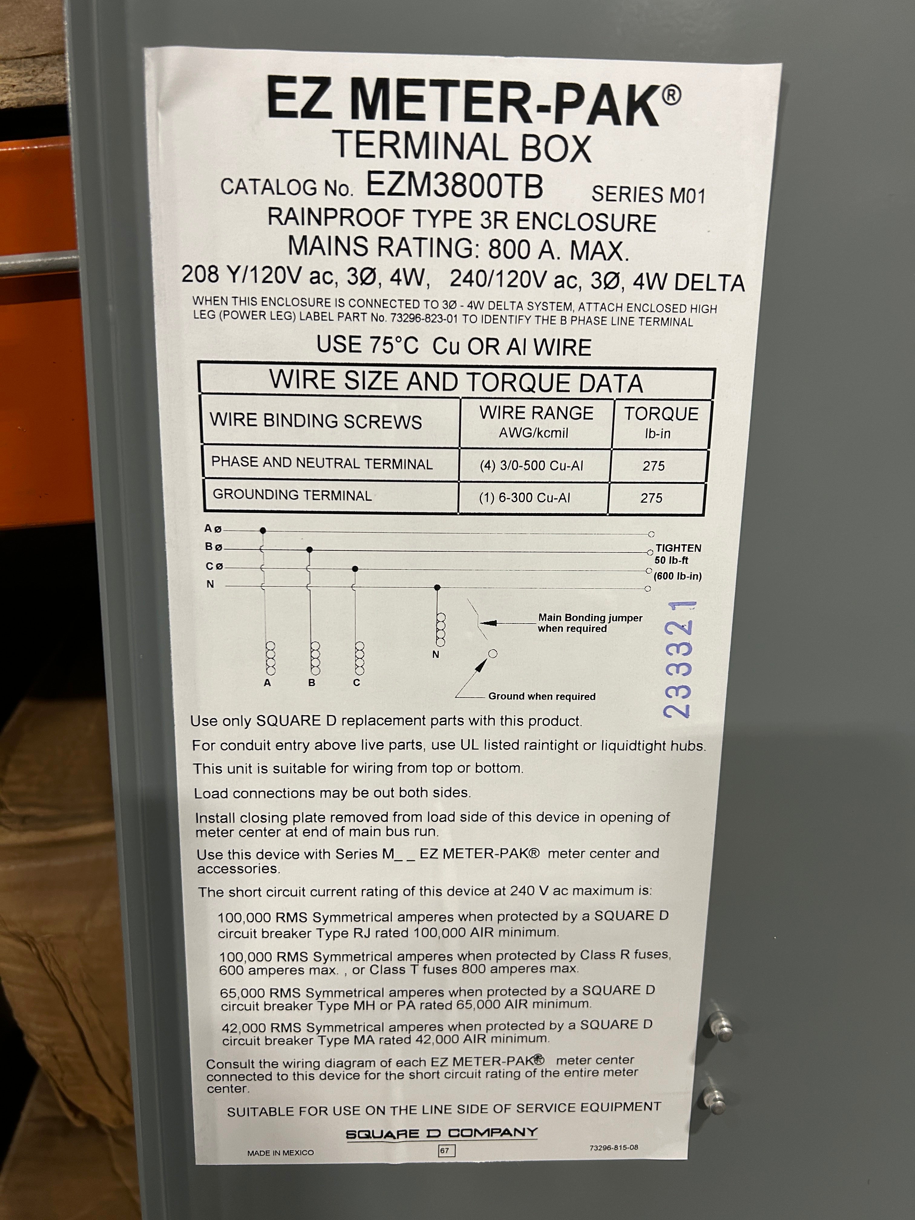 Square D EZM3800TB 800A Main Tap Box