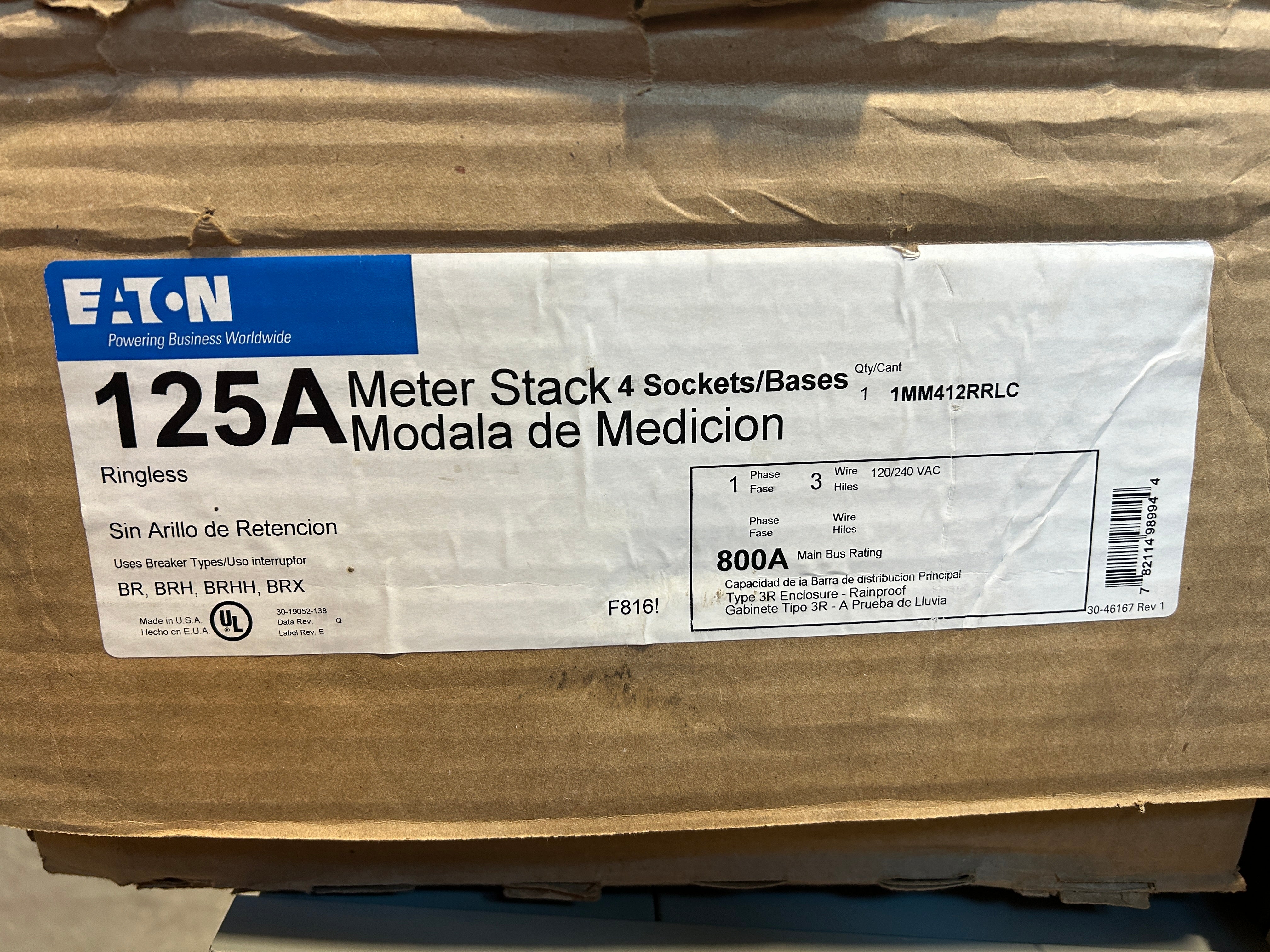 Eaton 1MM412RRLC 1PH In / 1PH Out 4 Gang 125A Socket Ringless Meter Stack