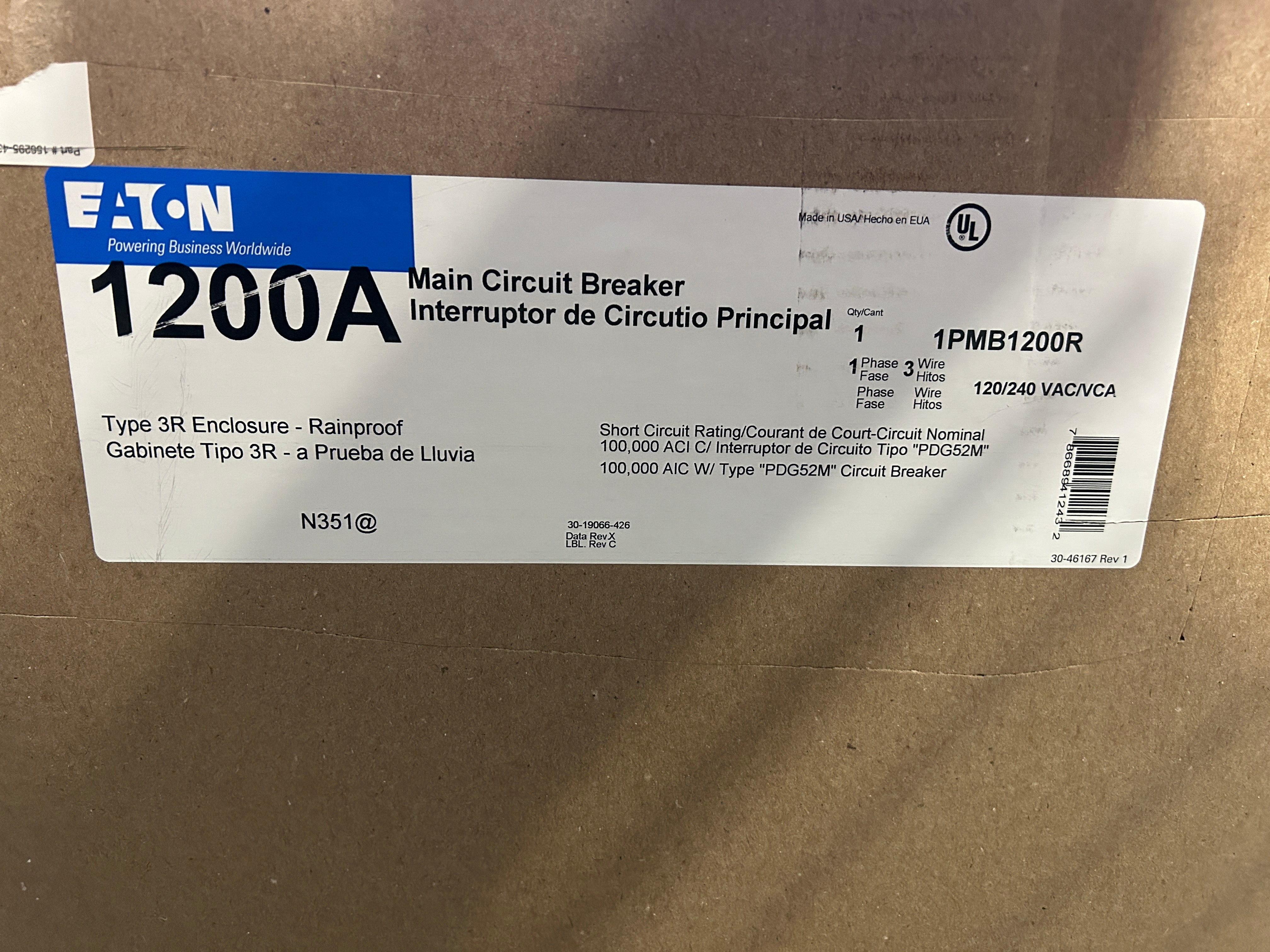 Eaton 1PMB1200R 1200A Single Phase Main Disconnect With Arcflash Reduction Maintenance System