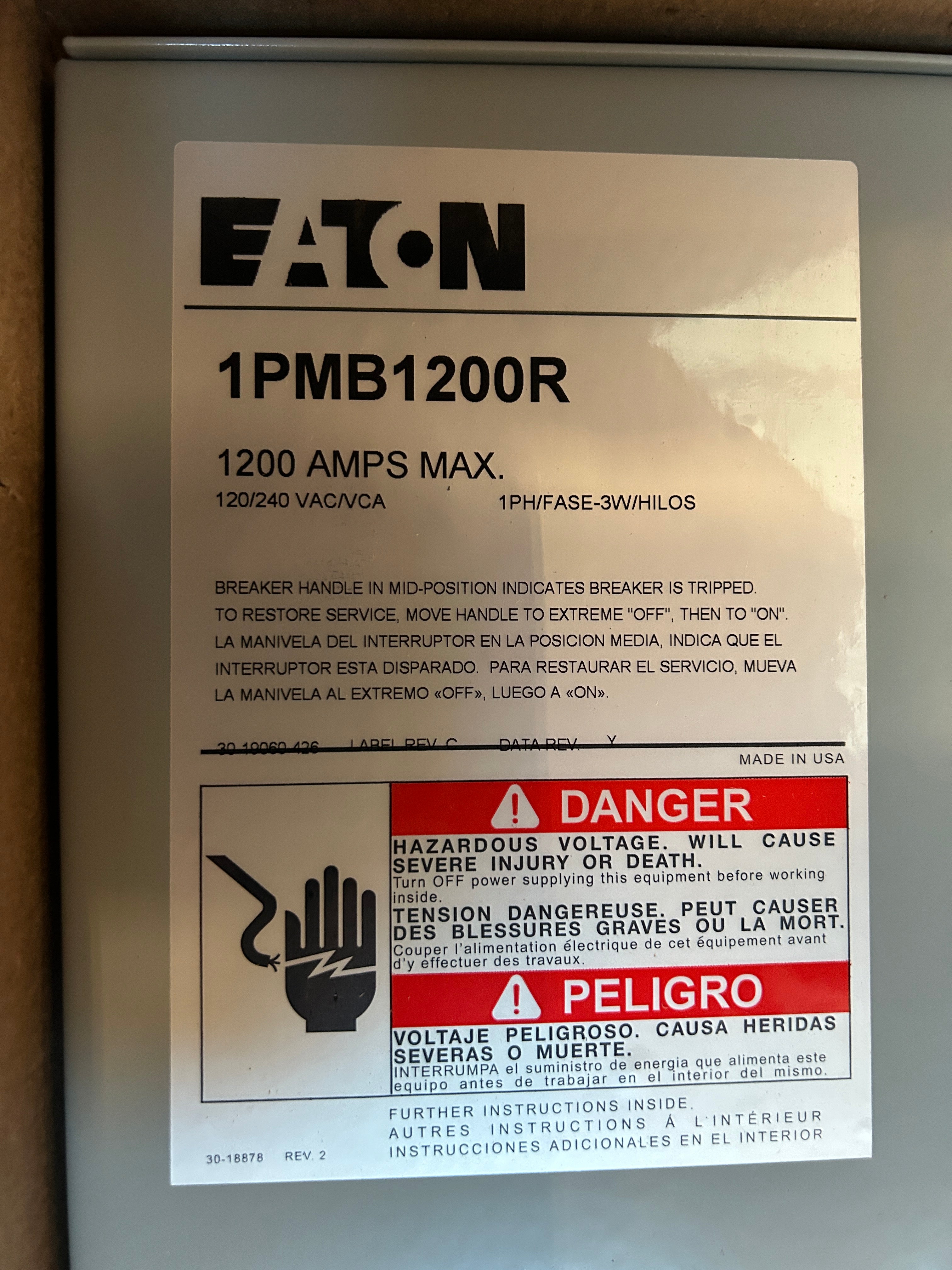 Eaton 1PMB1200R 1200A Single Phase Main Disconnect With Arcflash Reduction Maintenance System