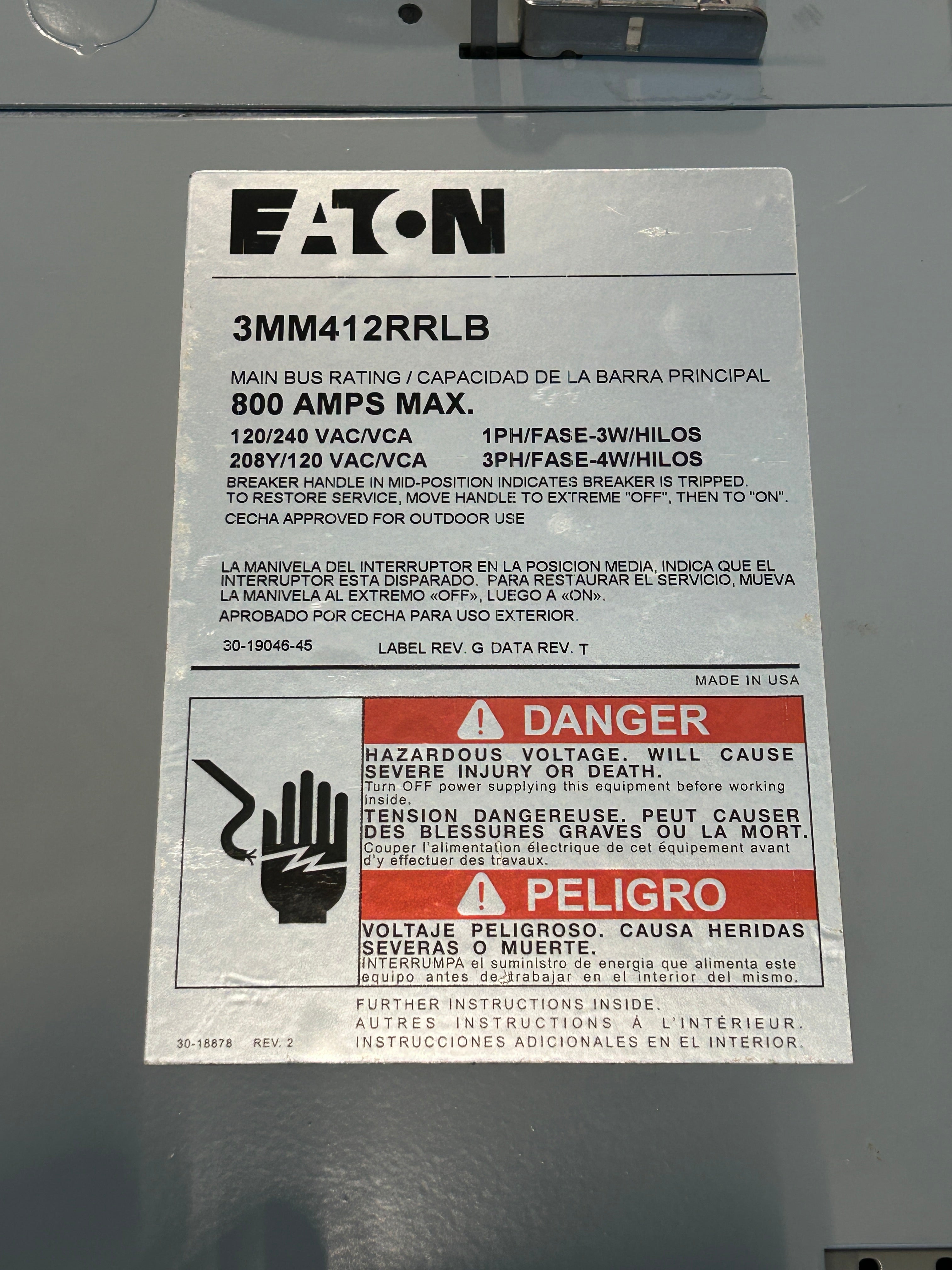 Eaton 3MM412RRLB 3PH In / 1PH Out 4 Gang 125A Socket Ringless Horn Bypass Meter Stack