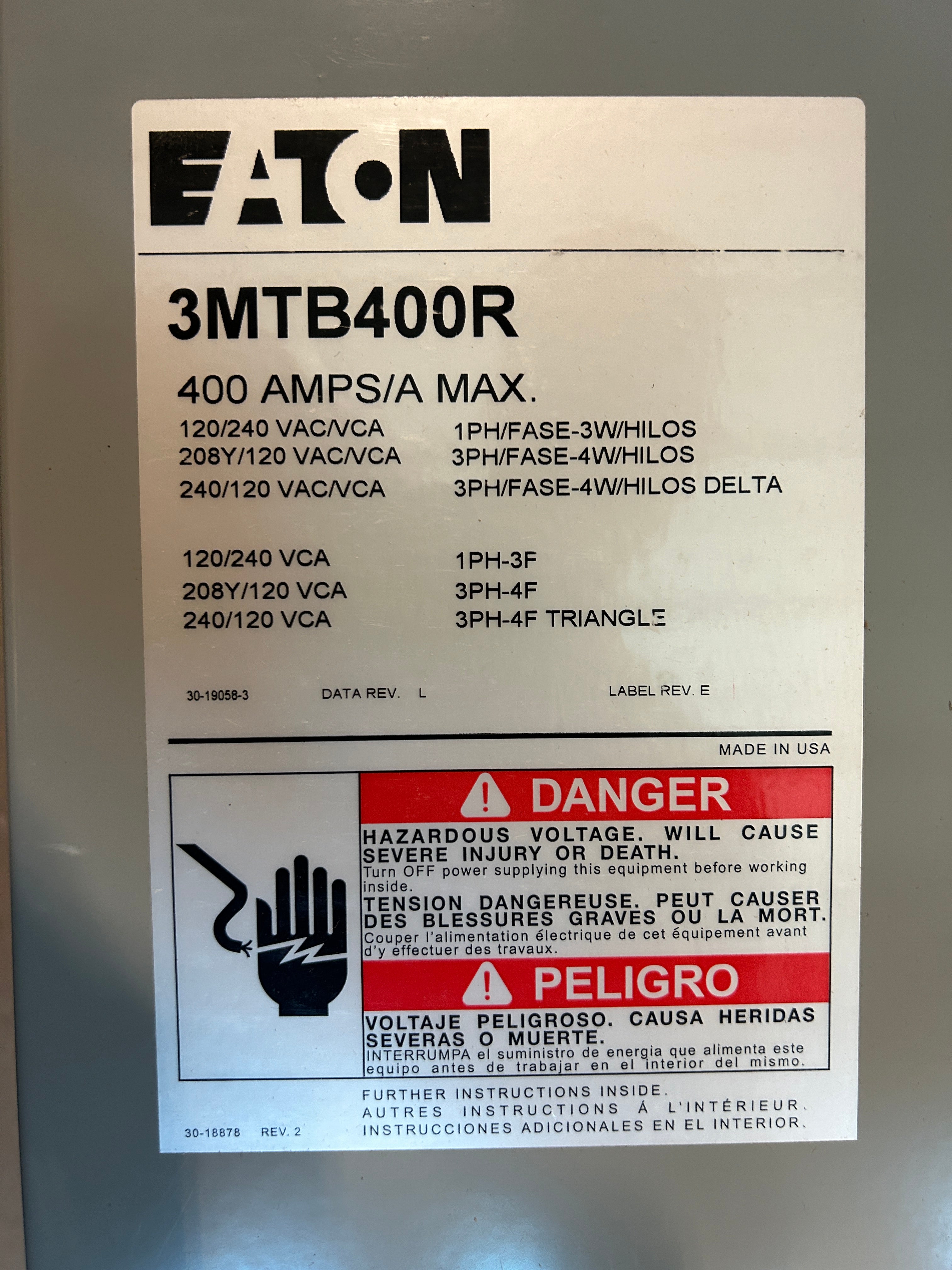 Eaton 3MTB400R 400A 3PH Main Tap Box