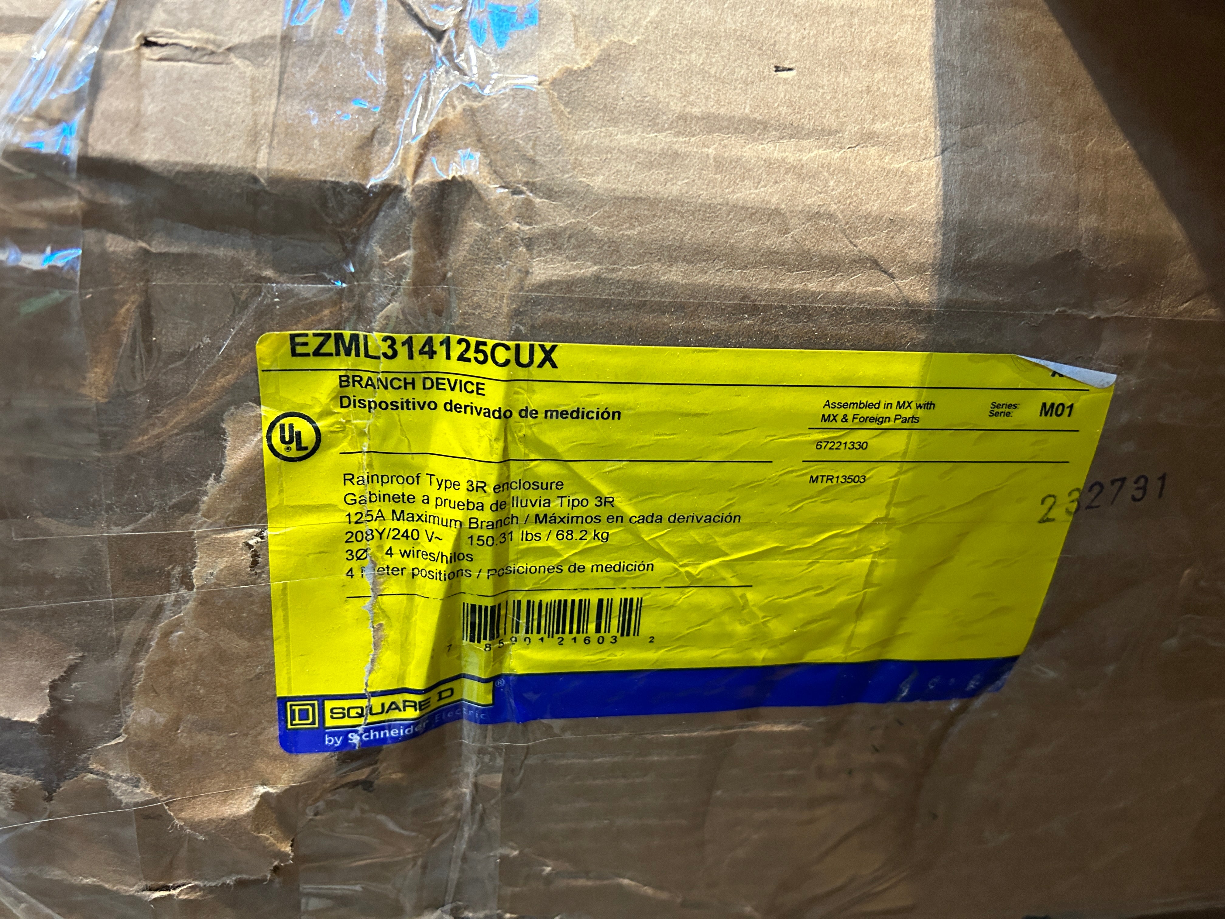 Square D EZML314125CUX 3PH In / 1PH Out 4 Gang 125A Socket Ringless Lever Bypass Copper Bus Meter Stack