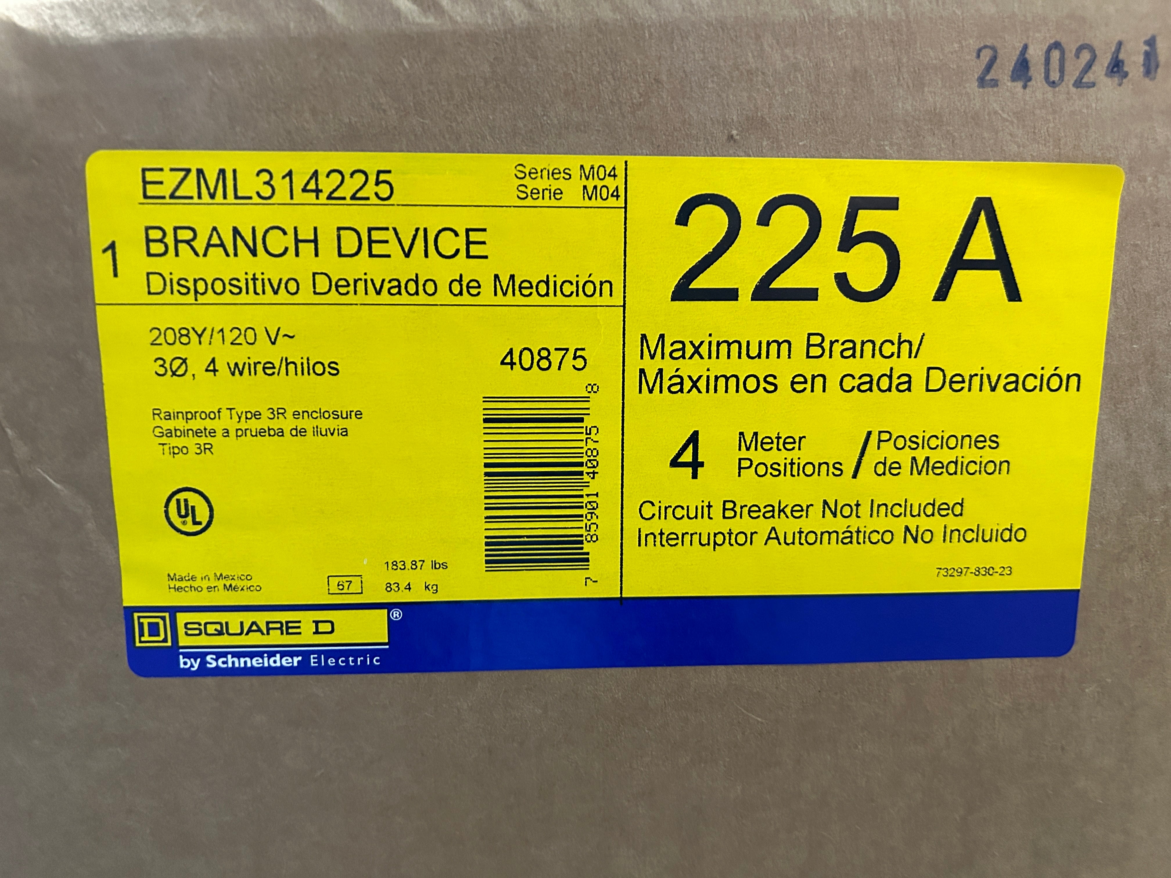 Square D EZML314225 3PH In / 1PH Out 4 Gang 225A Socket Ringless Lever Bypass Meter Stack