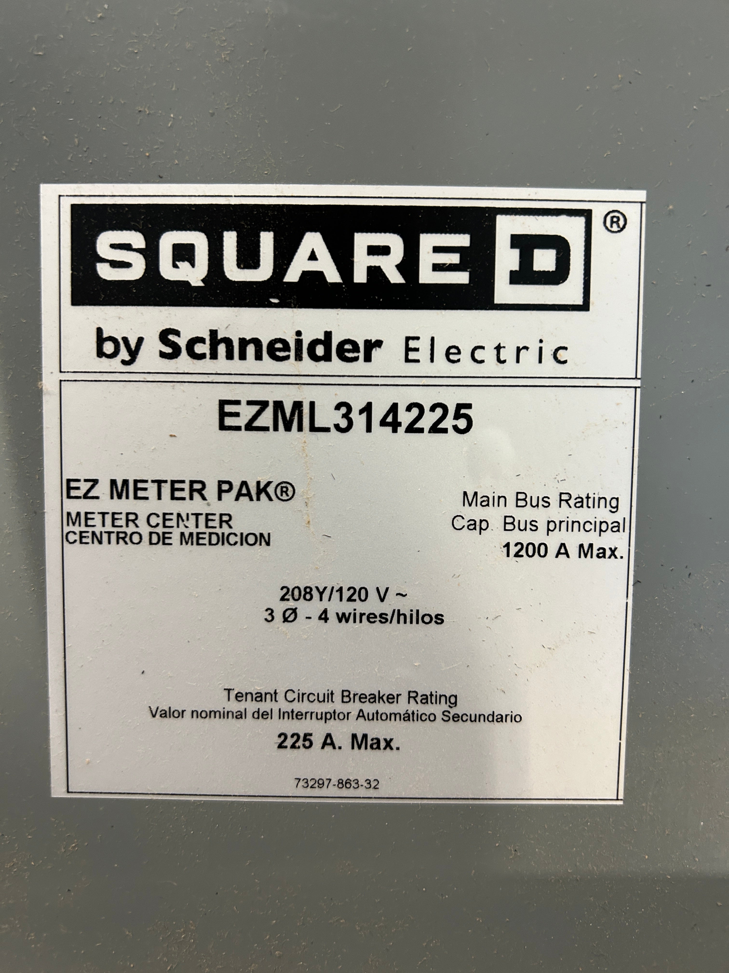 Square D EZML314225 3PH In / 1PH Out 4 Gang 225A Socket Ringless Lever Bypass Meter Stack