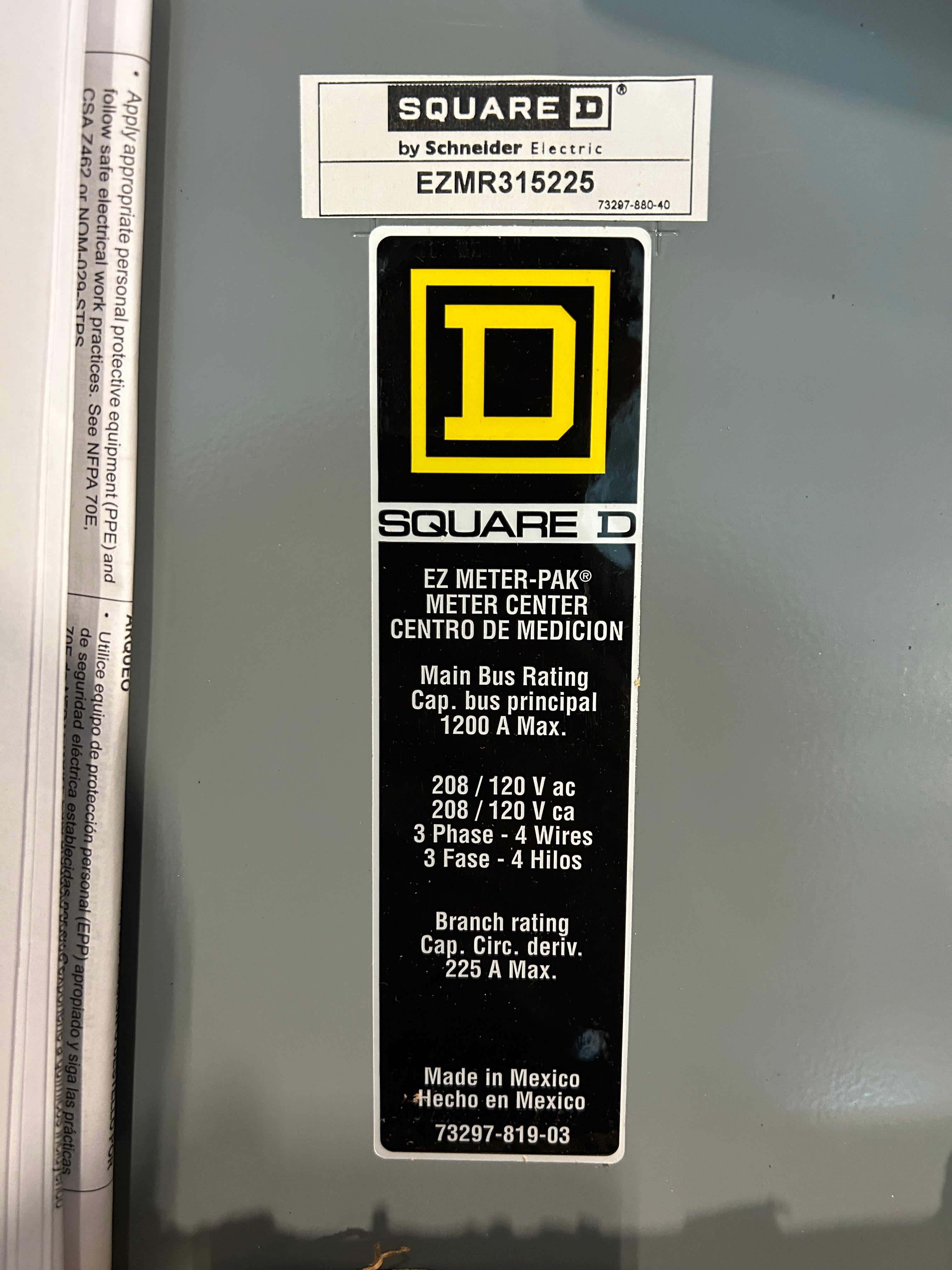 Square D EZMR315225 3PH In / 1PH Out 5-Gang 225A Socket Ringless Meter Stack