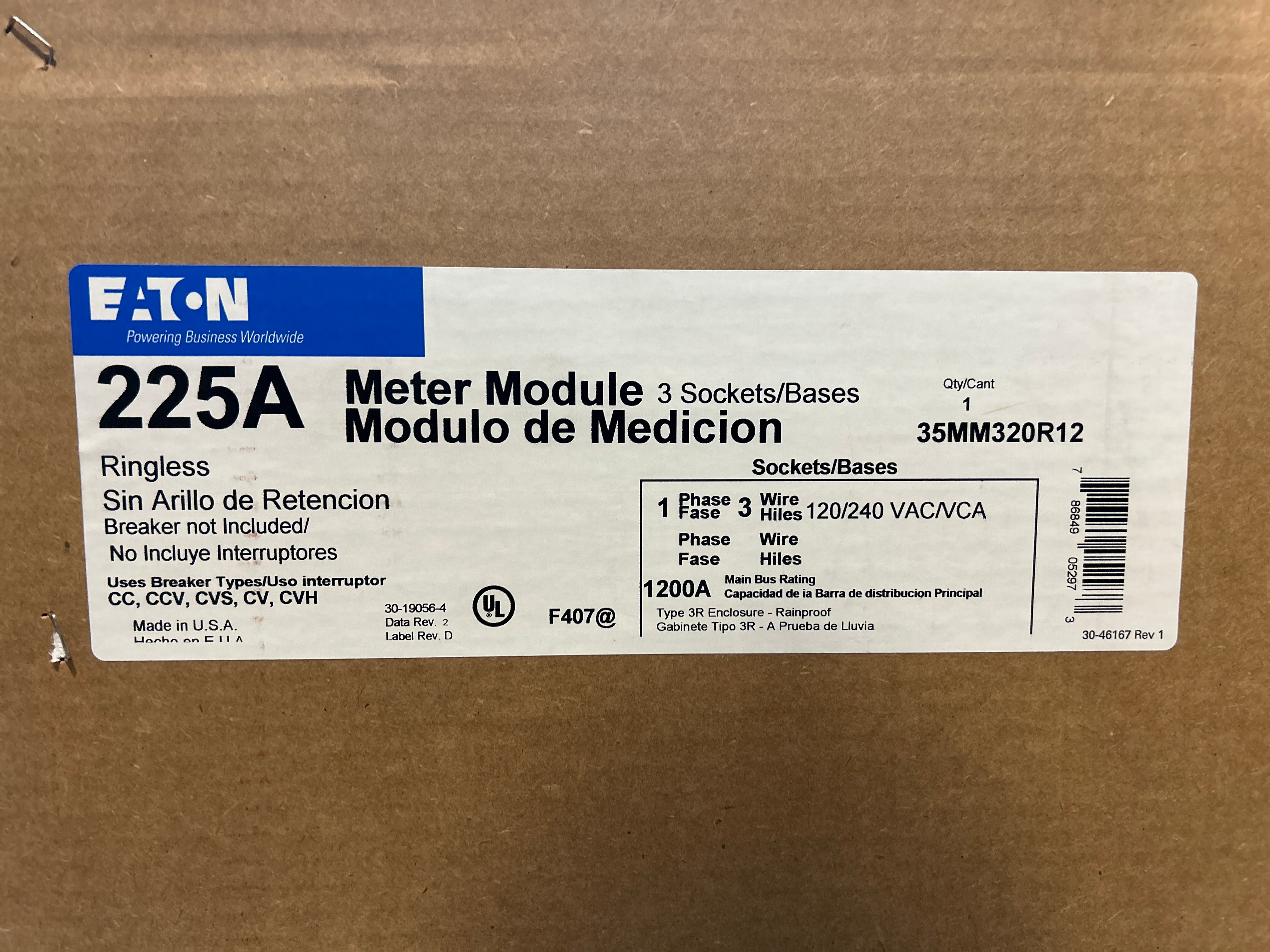 Eaton 35MM320R12 3PH In / 1PH Out 3 Gang 225A Socket Ringless Lever Bypass 1200A Bus Meter Stack