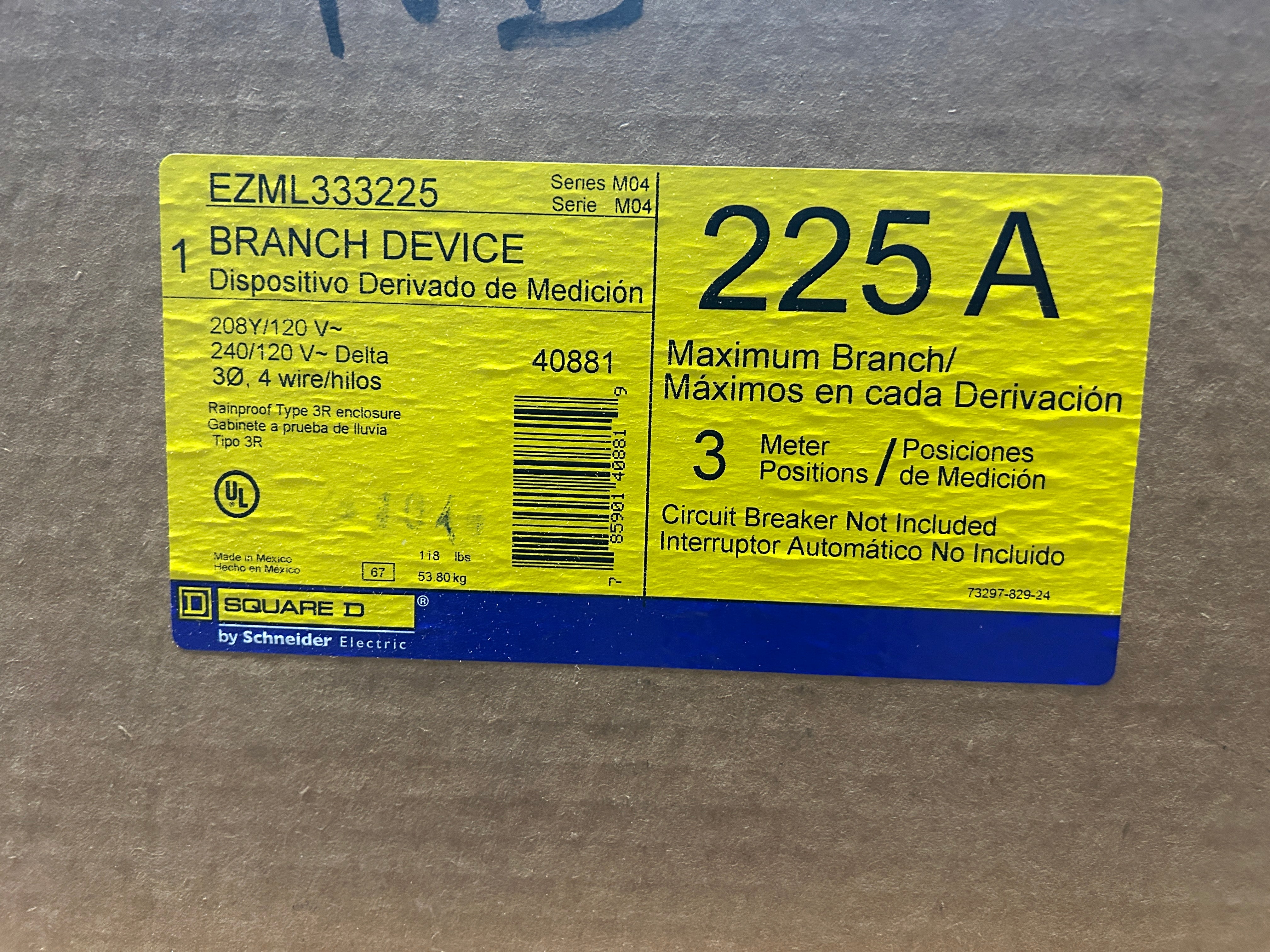 Square D EZML333225 3PH In / 3PH Out 3 Gang Ringless Lever Bypass 225A Socket 1200A Copper Busbar Meter Stack
