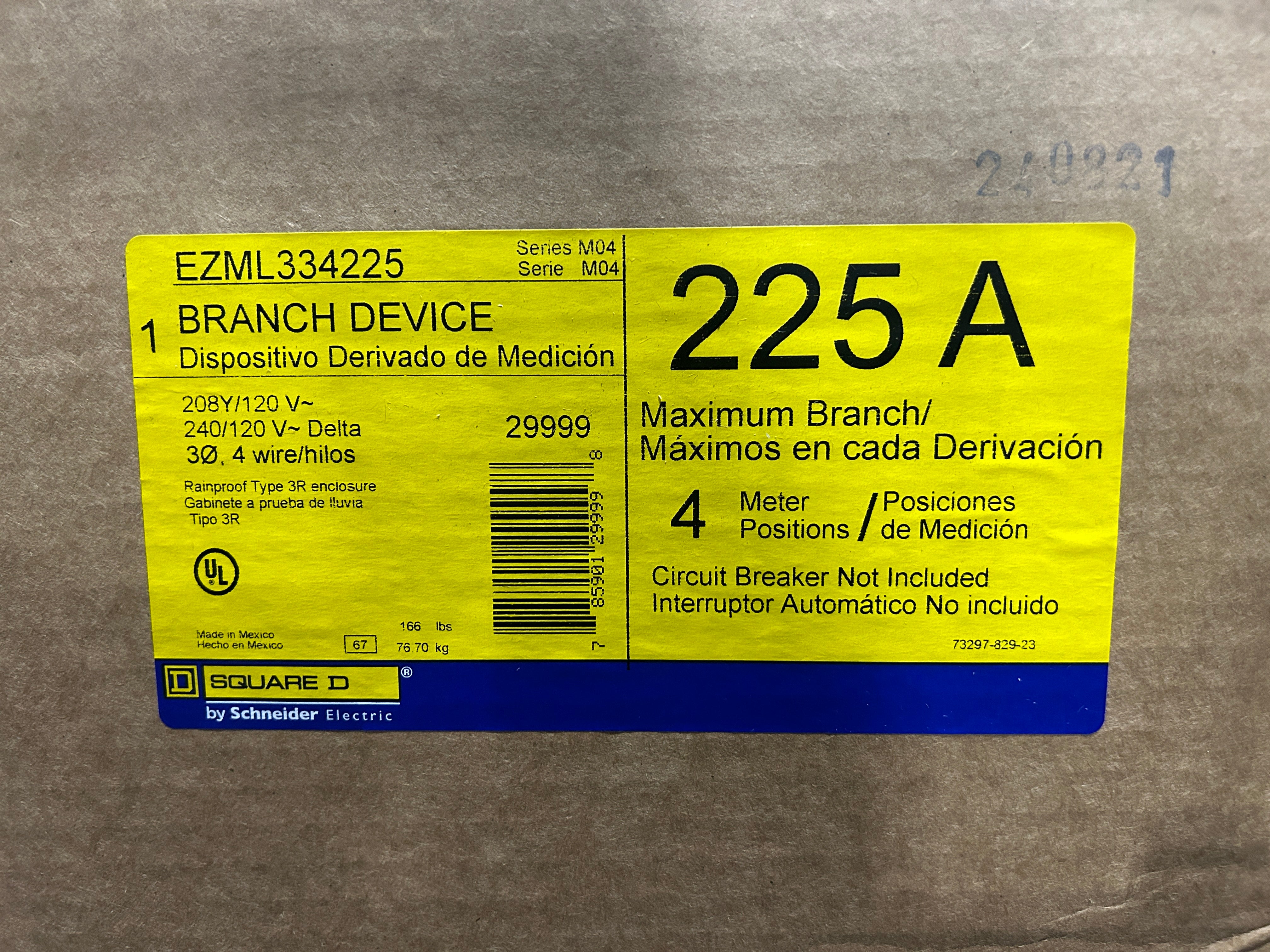 Square D EZML334225 3PH In / 3PH Out 4 Gang Ringless Lever Bypass 225A Socket Meter Stack
