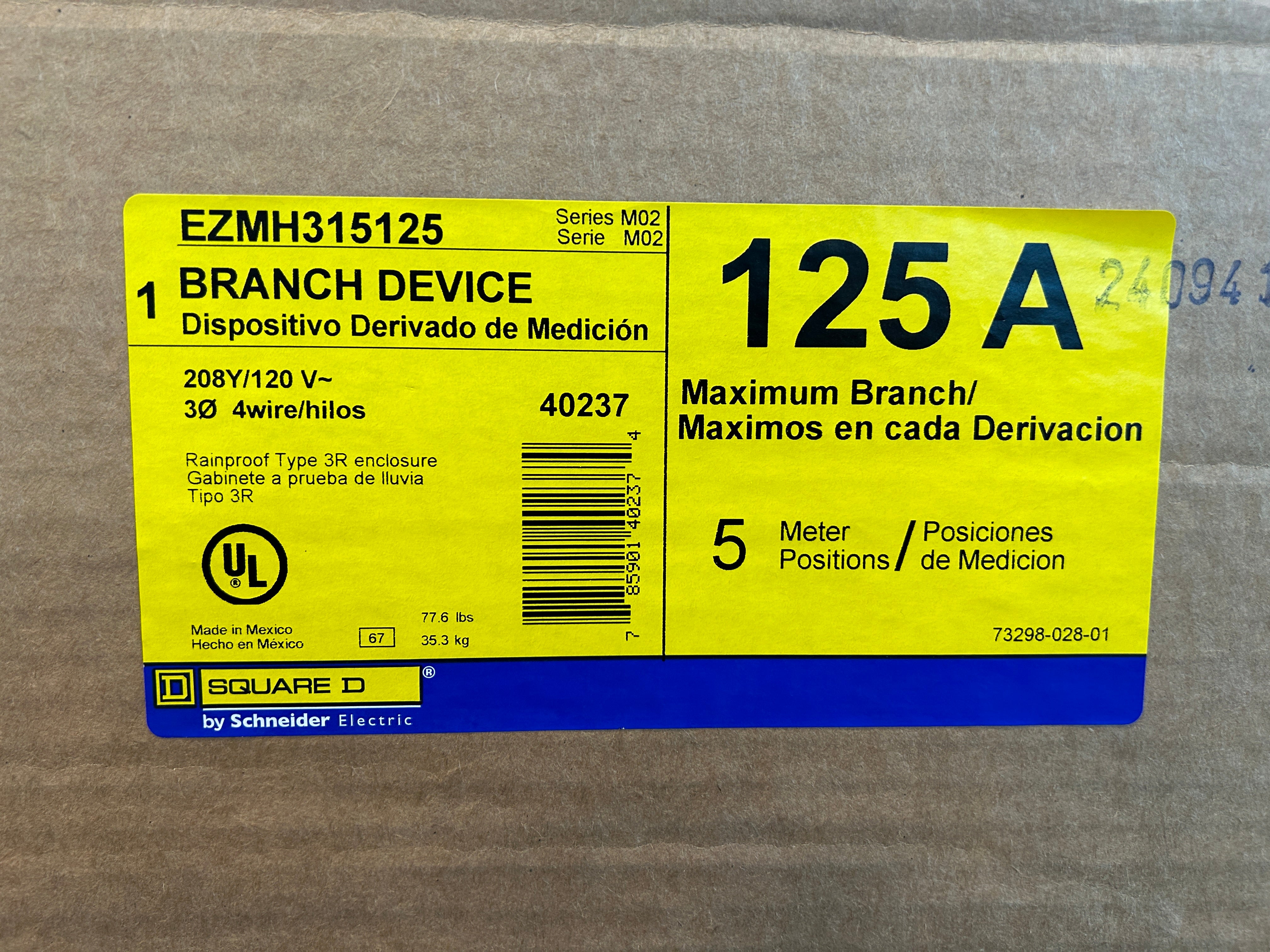 Square D EZMH315125 3PH In / 1PH Out 5 Gang Ringless Horn Bypass Meter Stack