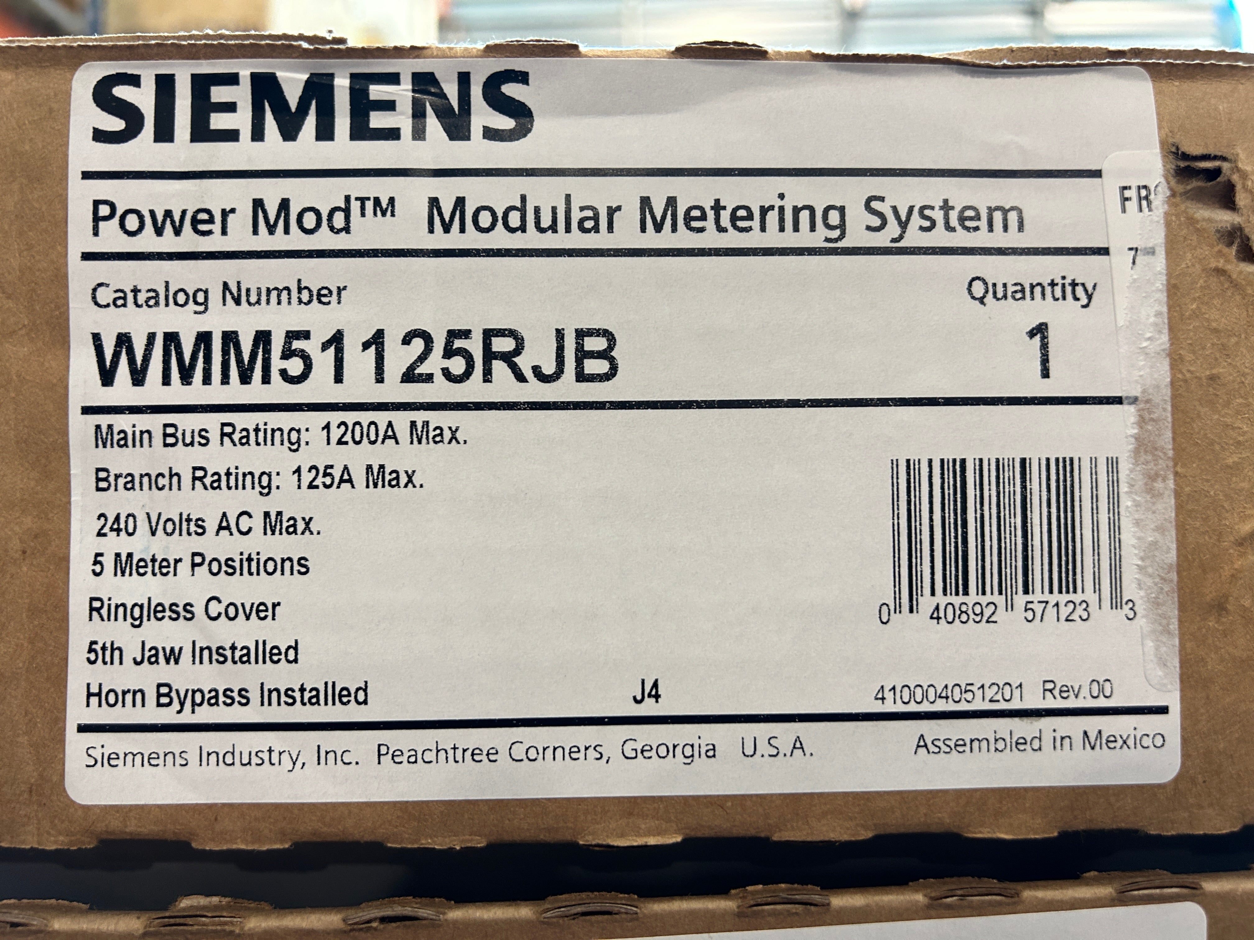 Siemens WMM51125RJB 1PH In / 1PH Out 5-Gang 125A Ringless Horn Bypass 5 Jaw Meter Stack
