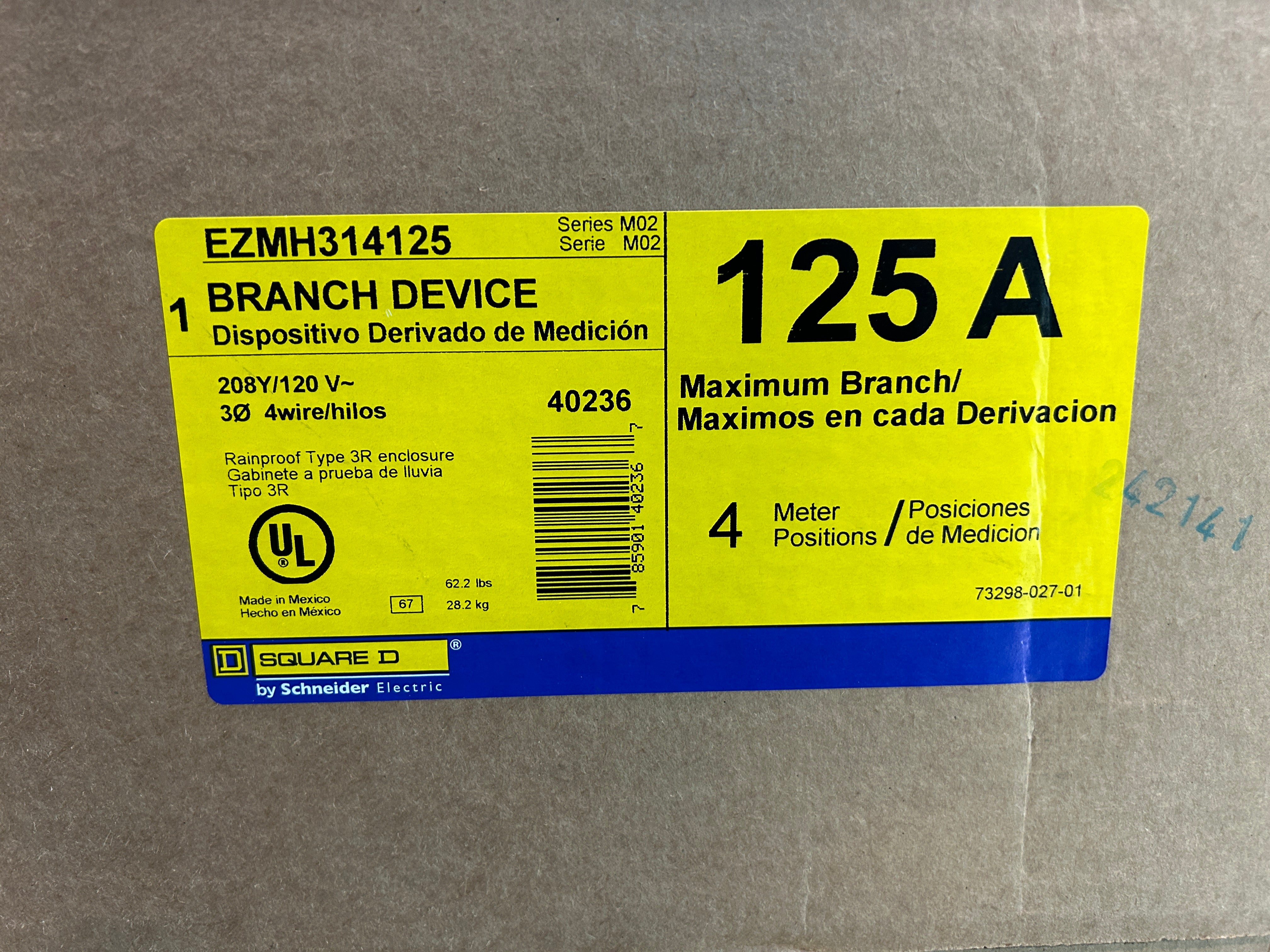 Square D EZMH314125 3PH In / 1PH Out 4 Gang 125A Socket Ringless Horn Bypass Meter Stack
