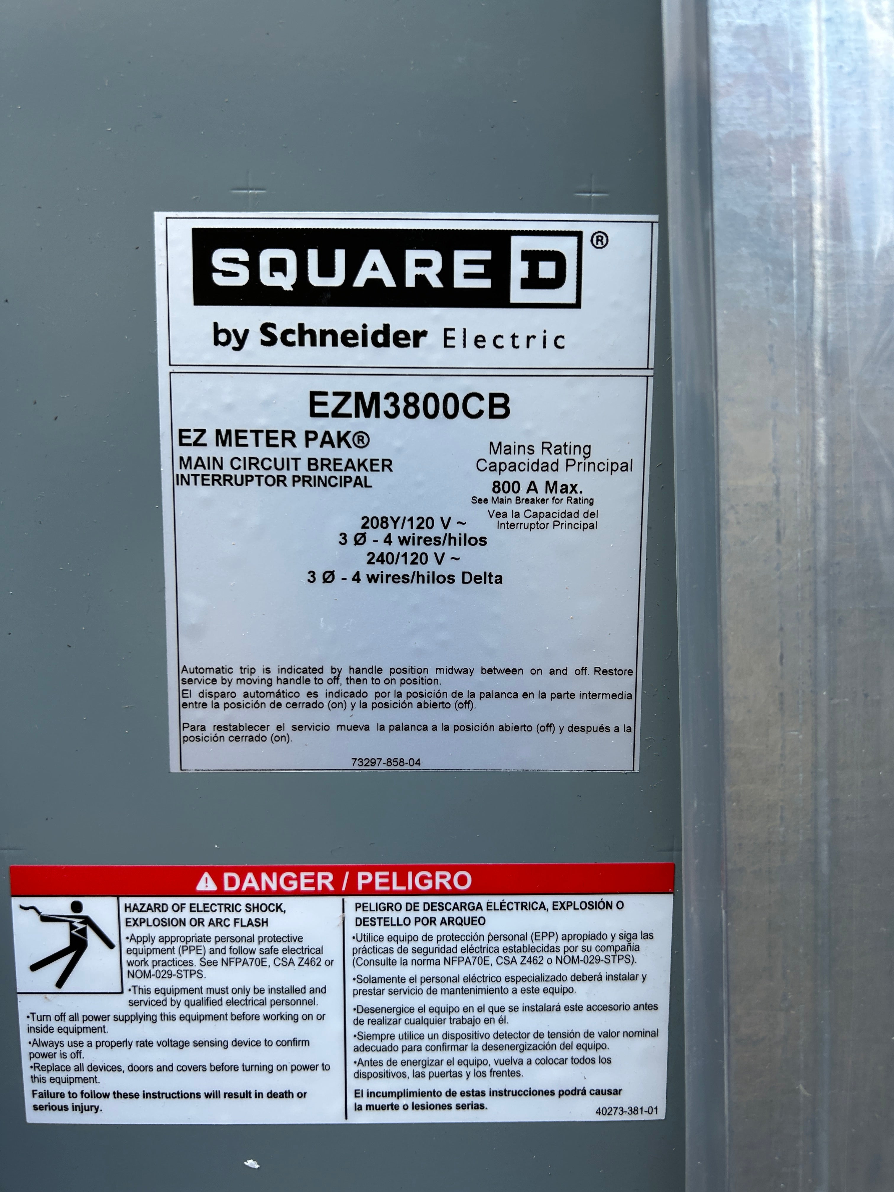 Square D EZM3800CB 800A Main Circuit Breaker Disconnect