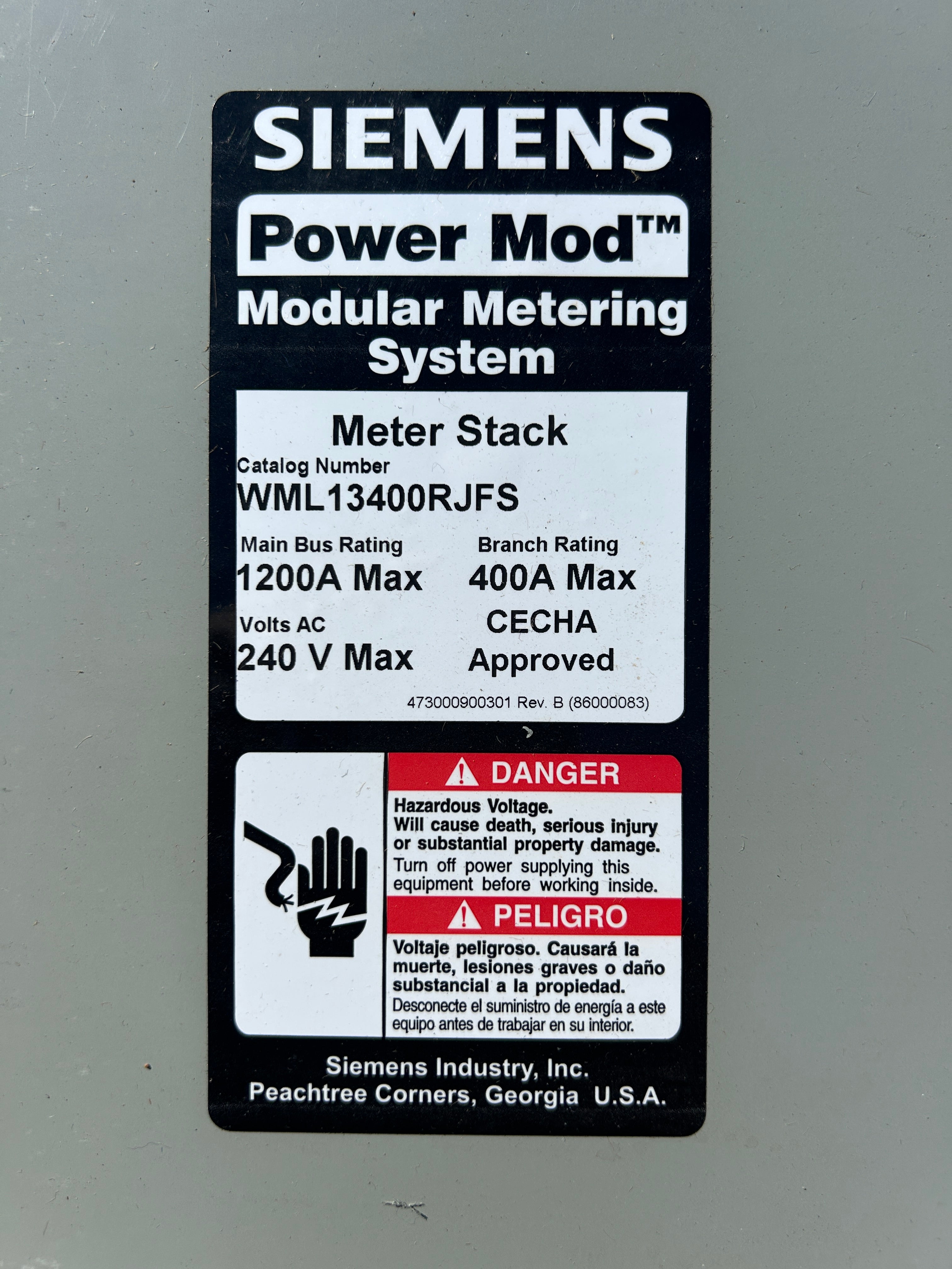 Siemens WML13400RJFS 3PH In/Out Ringless Lever Bypass 400A Fused Meter Stack