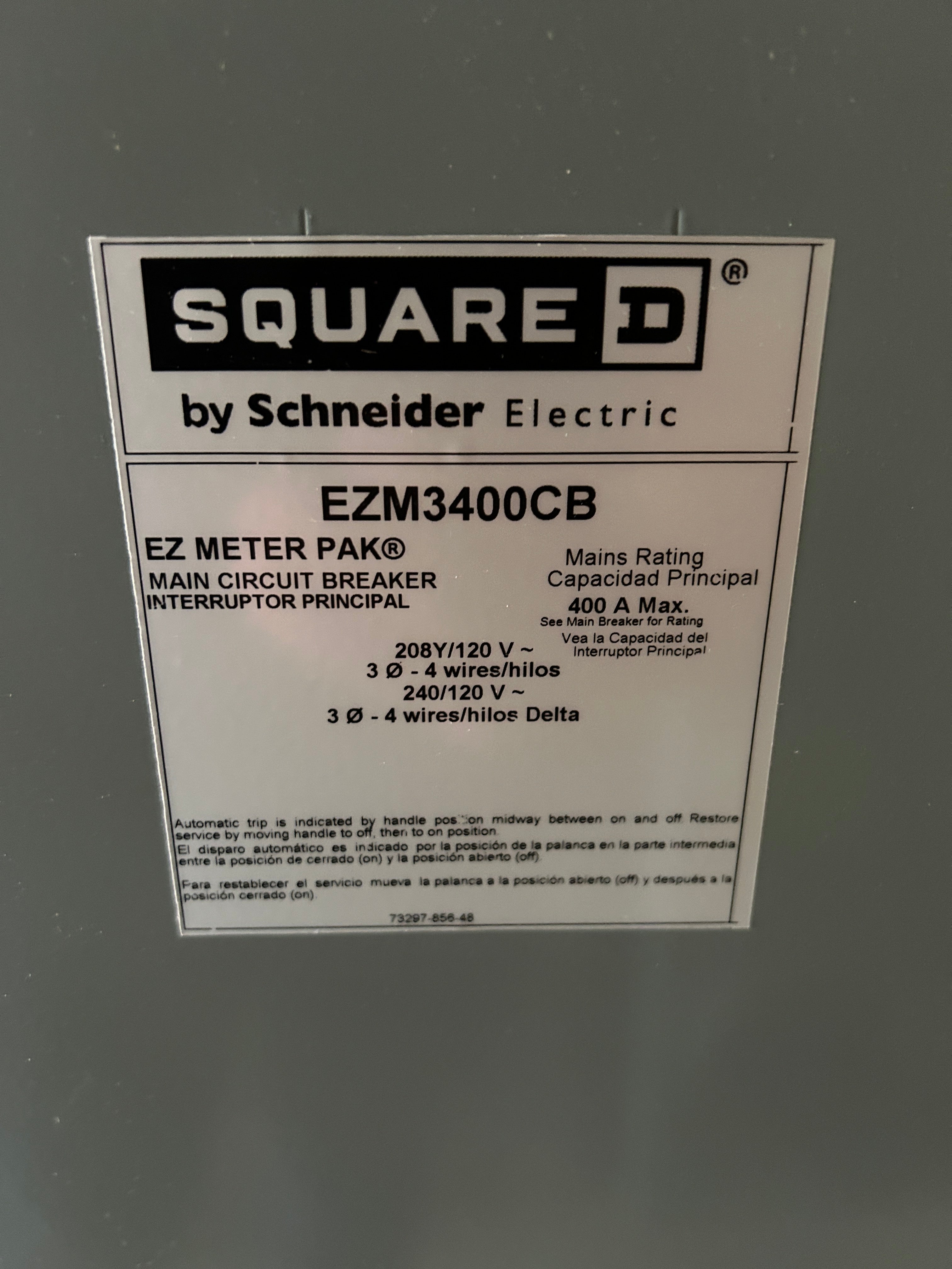 Square D EZM3400CB 400A Main Circuit Breaker Disconnect