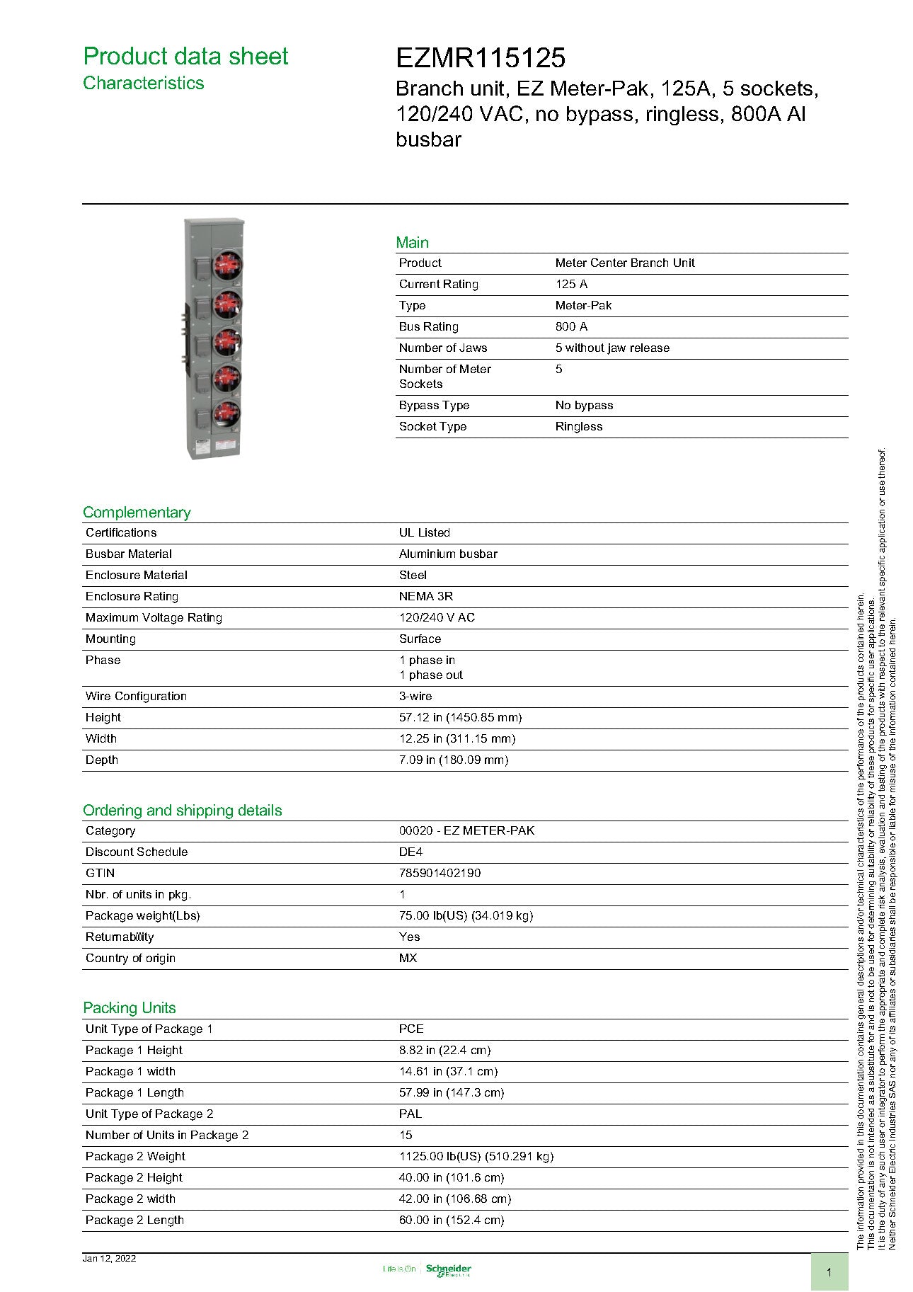 Square D EZMR115125 1PH 5 Gang 125A Socket Ringless Meter Stack