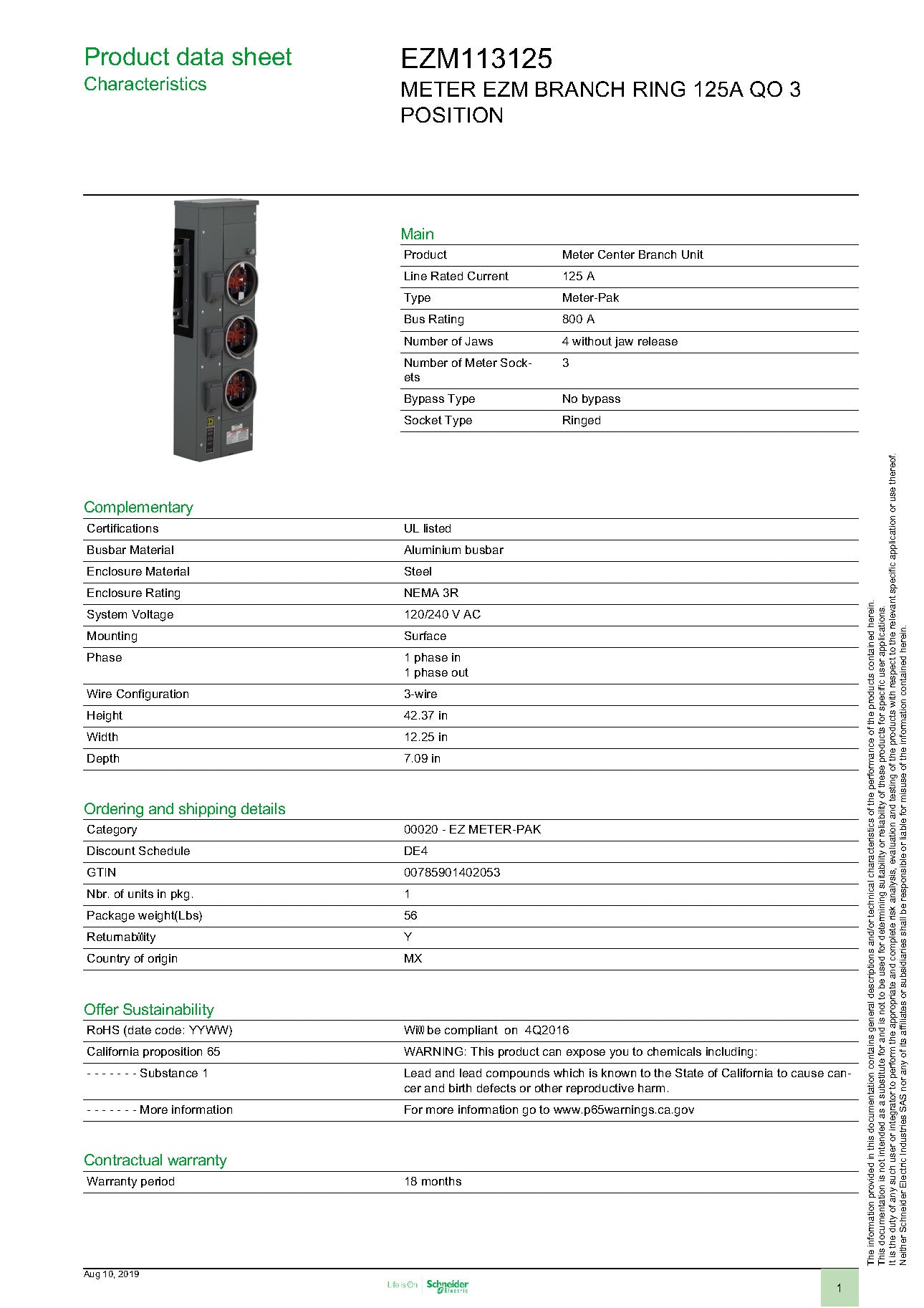 Square D EZM113125 1PH In / 1PH Out 3 Gang 125A Socket Ringed Meter Stack
