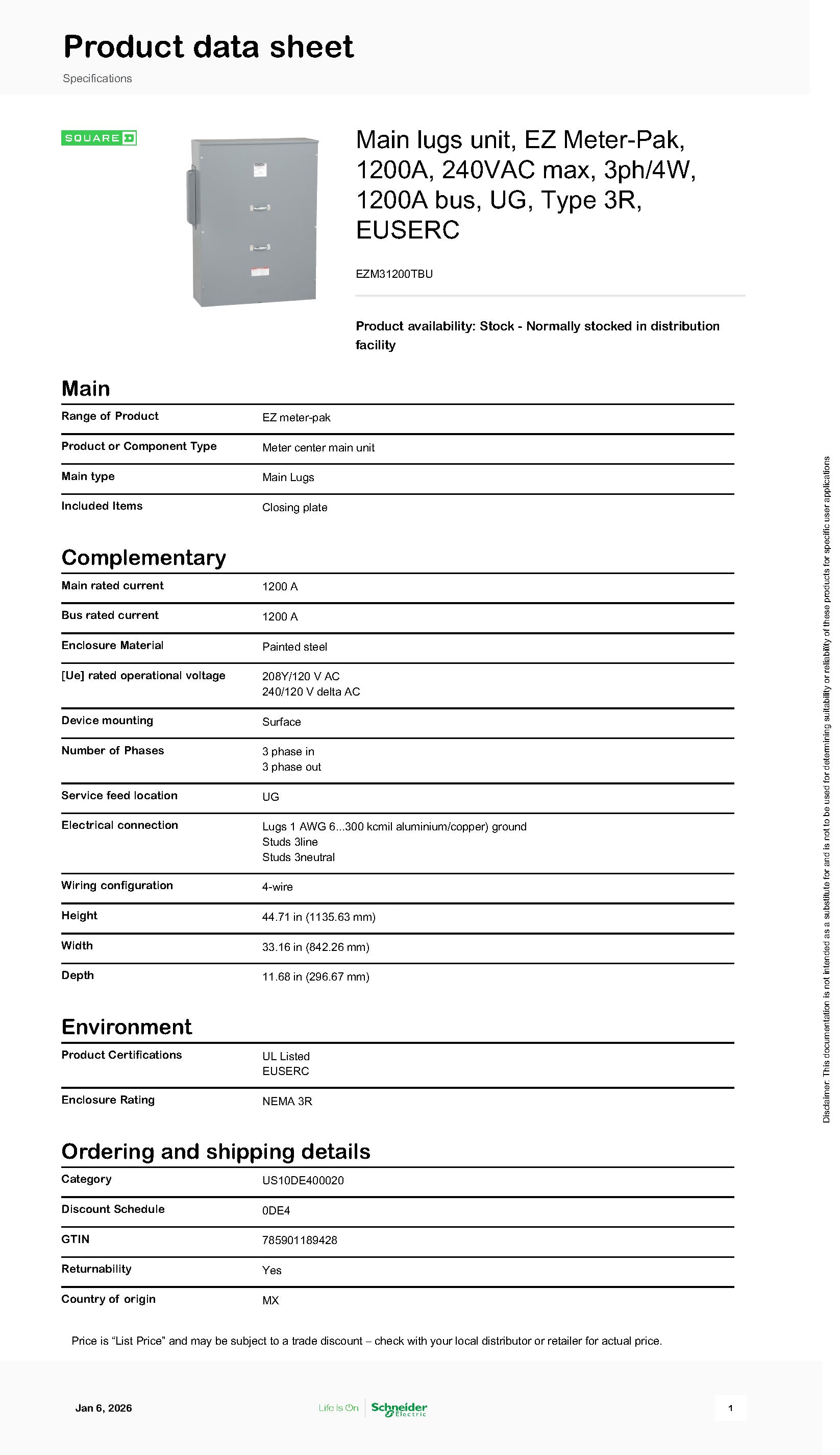 Square D EZM31200TBU 3 Phase 1200A EUSERC Rated Main Tap Box